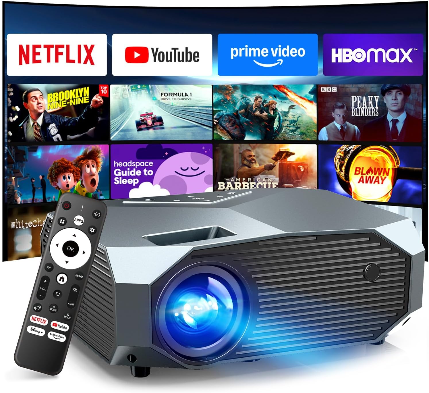 [Compatible with Netflix/High Brightness] Smart Projector with WiFi 6 and Bluetooth 5.3, 4K Outdoor Movie Projector with Prime Video/YouTube, Portable Proyector Compatible with HDMI/USB/iOS/Android