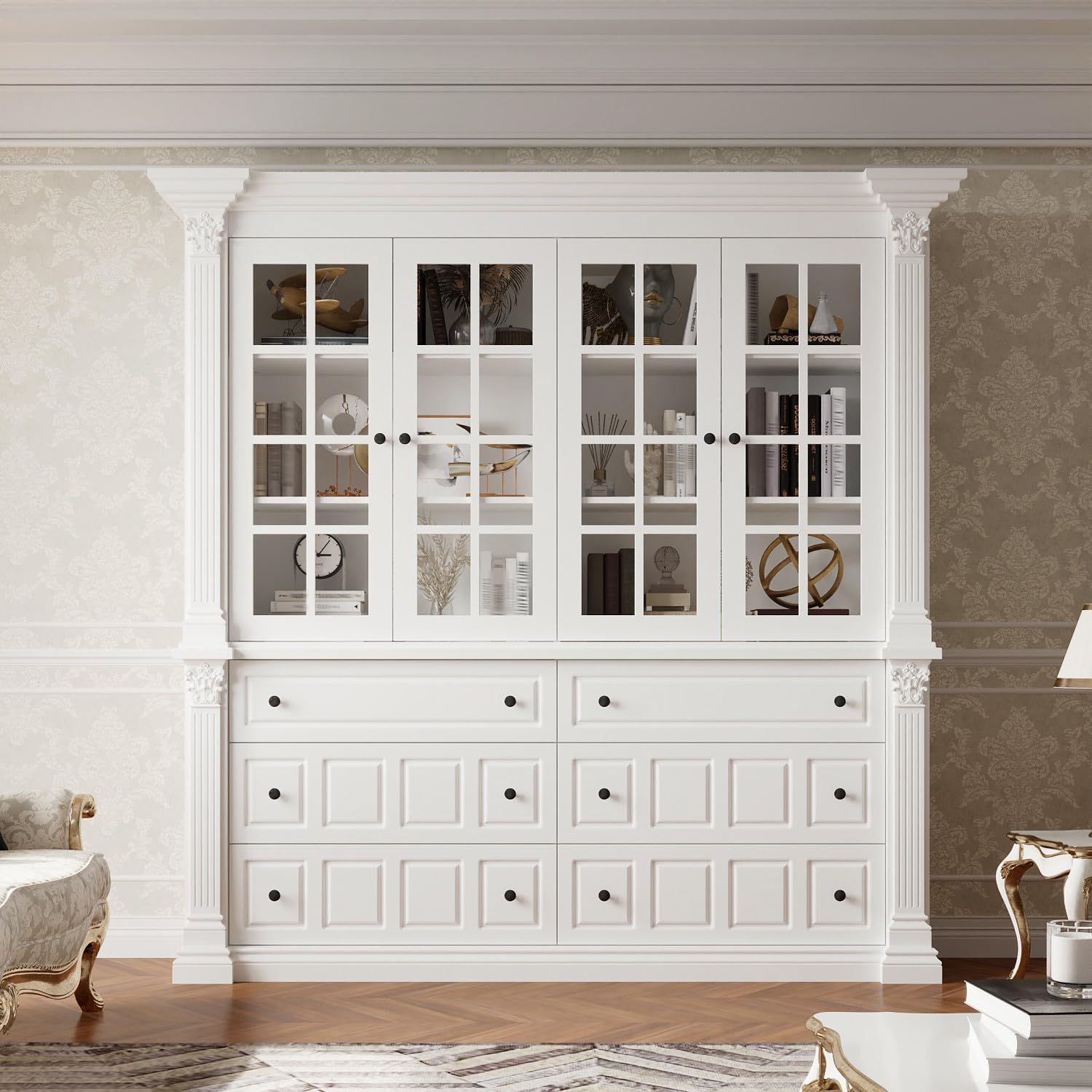 Lovinouse Modern Wide Book Shelf with Drawers, 74.8