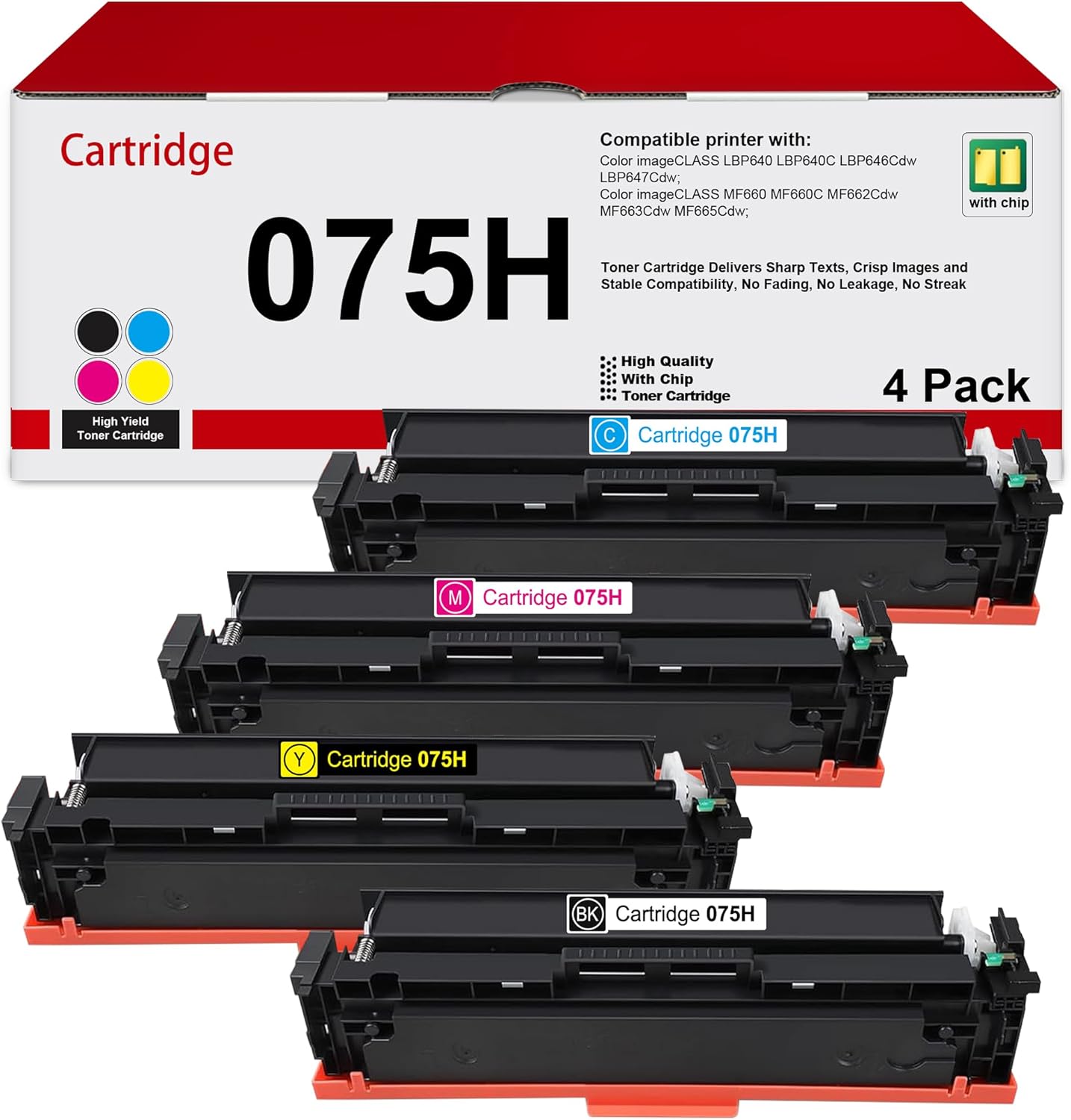 MOLIMER 075H Toner Cartridge High Yield 4 Pack (Black/Cyan/Yellow/Magenta) Replacement for Canon 075 075H Toner for Color imageCLASS MF662Cdw MF663Cdw MF665Cdw LBP646Cdw LBP647Cdw Printer