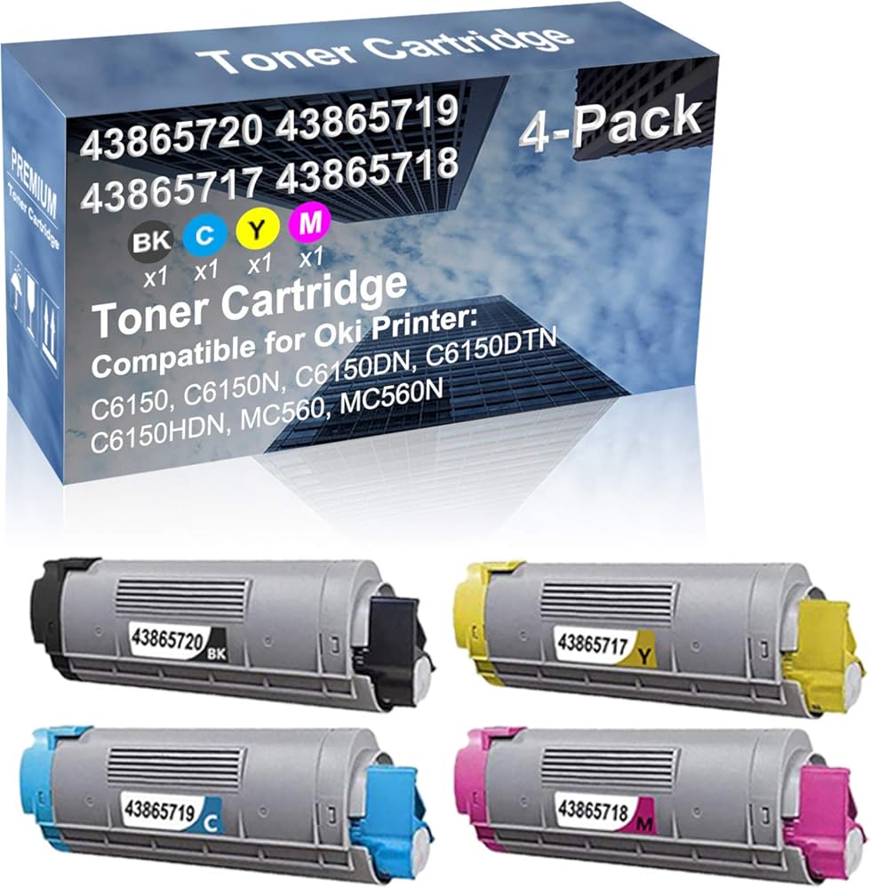 4-Pack (BK+C+Y+M) Compatible High Capacity 43865720+ 43865719+ 43865717+ 43865718 Toner Cartridge Used for C6150 C6150N C6150DN Printer