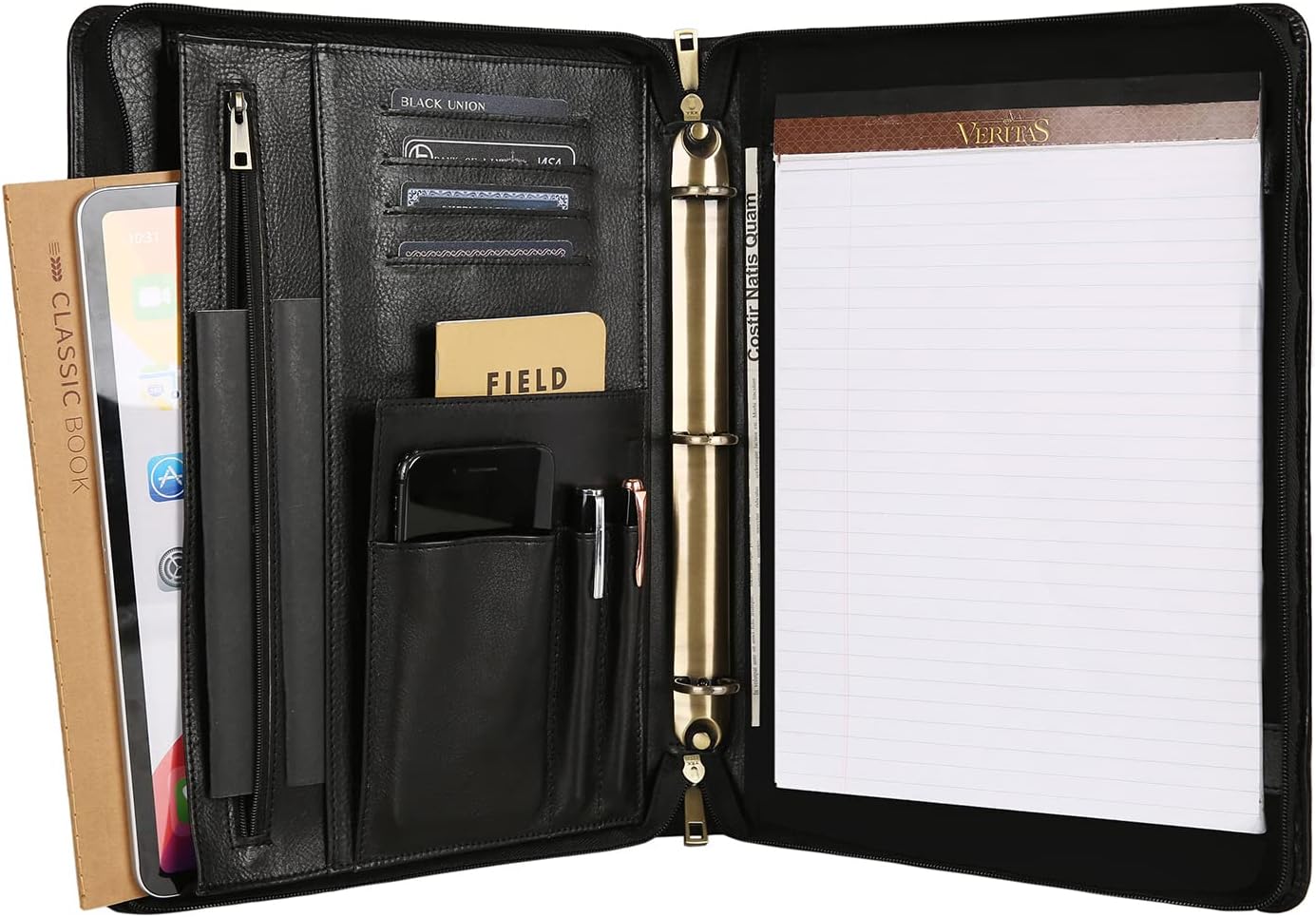 DUKE&COW Leather Portfolio, 3 Ring Binder Padfolio Folder Organizer, Handmade Personalized Notebook for Women, iPad Laptop Portfolio for Men (Black, Custom)