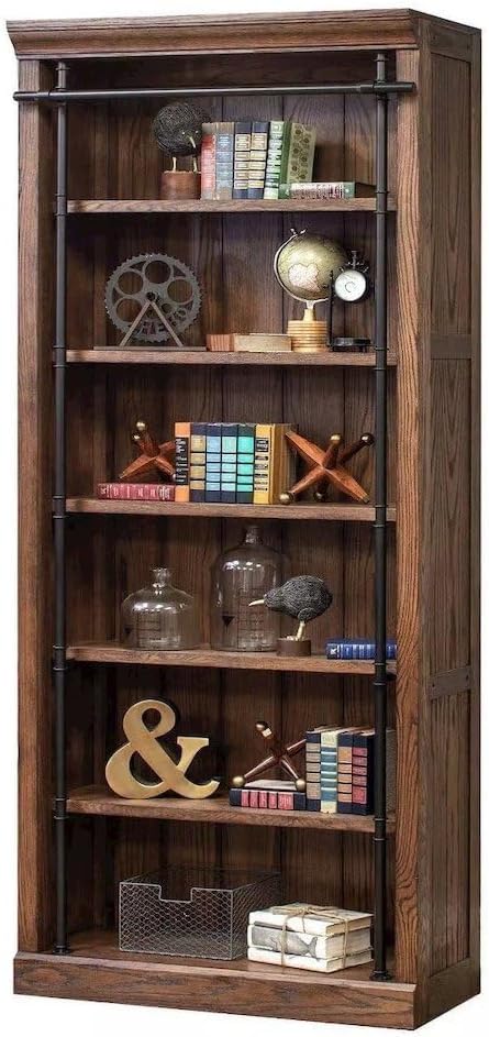 Starlight 8-Foot Tall Wood Bookcase, Storage, 5 Adjustable Shelves, Ringed Steel Frame, Hand Applied Finish, Brown Library Office