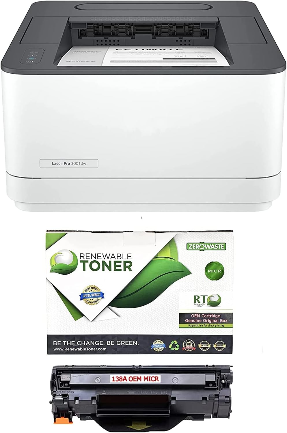 RT 3001dw Laser Pro Wireless Black and White Check Printer Bundle with 138A Modified MICR Toner Cartridge for Printing Payroll & Business Checks (2 Items)