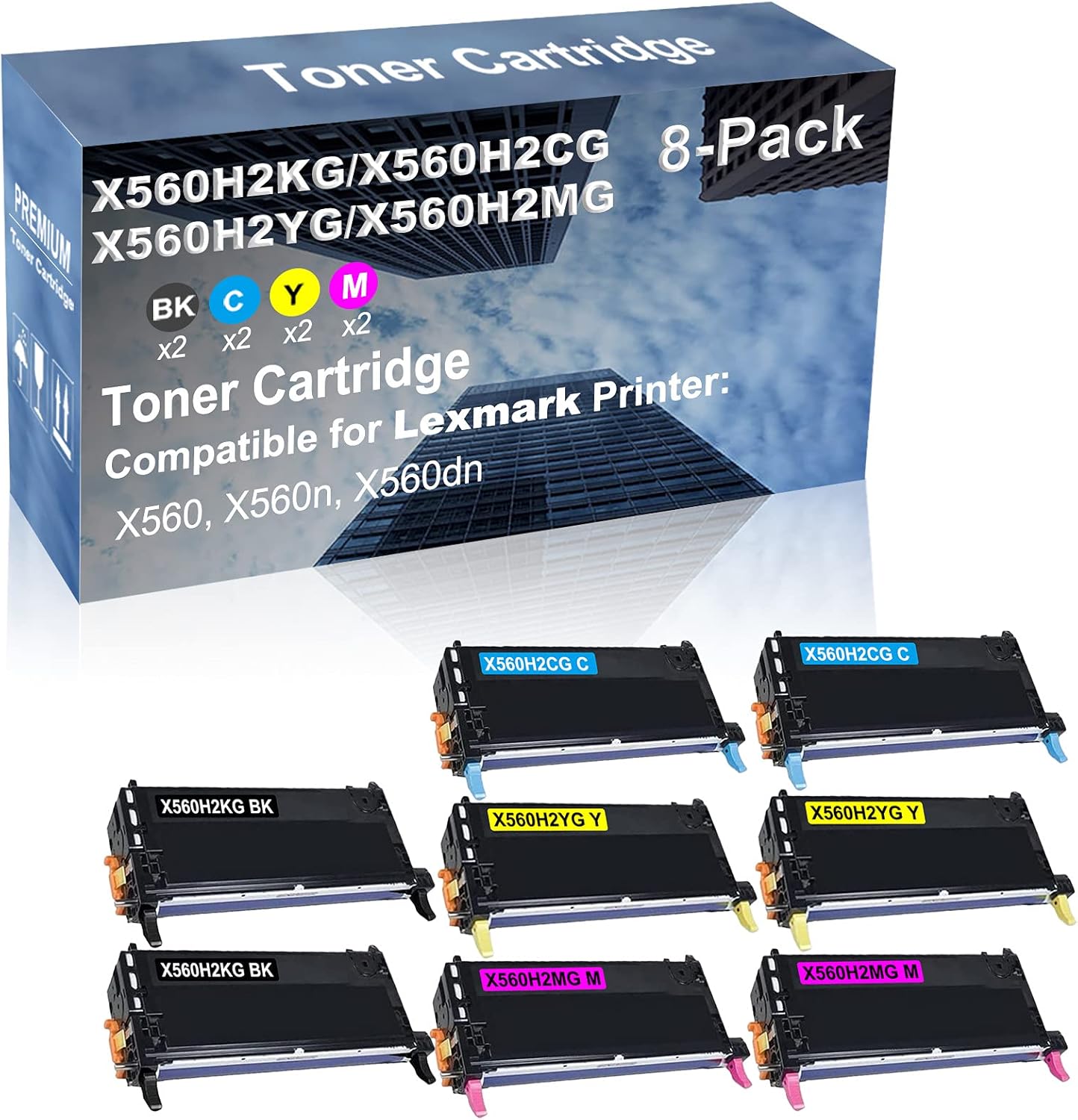 8-Pack (2BK+2C+2Y+2M) Compatible High Capacity X560H2KG+ X560H2CG+ X560H2YG+ X560H2MG Toner Cartridge Used for Lexmark X560, X560n, X560dn Printer