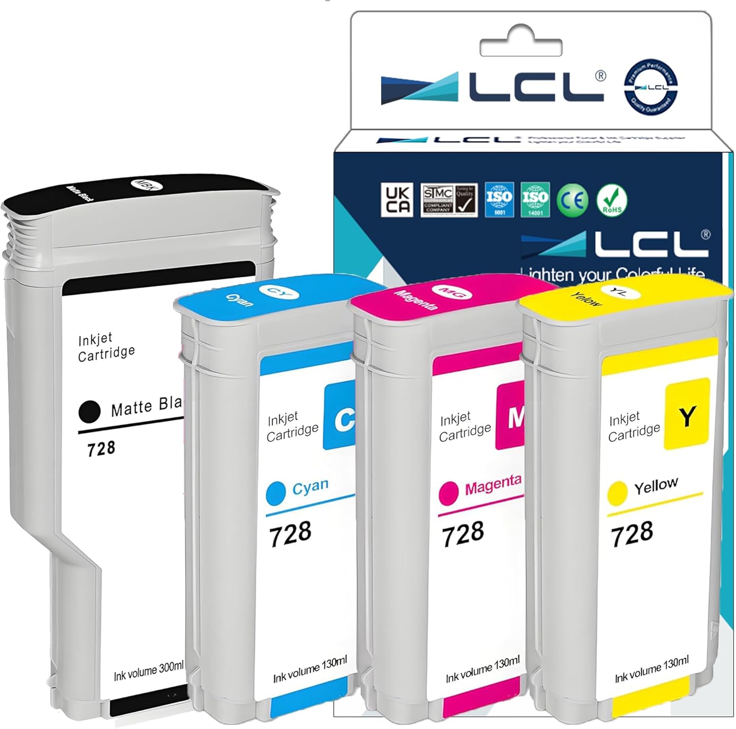 728 Ink Cartridges Compatible with HP 728 Ink Cartridge for F9J68A F9K17A F9K16A F9K15A for DesignJet T830 MFP & T730 Large Format Plotter Printers(300-ml Matte Black,130-ml Cyan Magenta Yellow 4Pack)