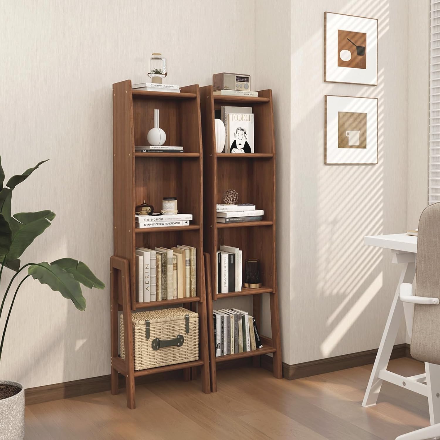 GZGKRP 5 Tier Mid Century Modern Bookcase,Floor-Standing Bamboo Storage Bookshelf with Legs and Top Edge shelve Freestanding Open Organizer for Living Room, Bedroom, Home Office(Walnut,2pcs)