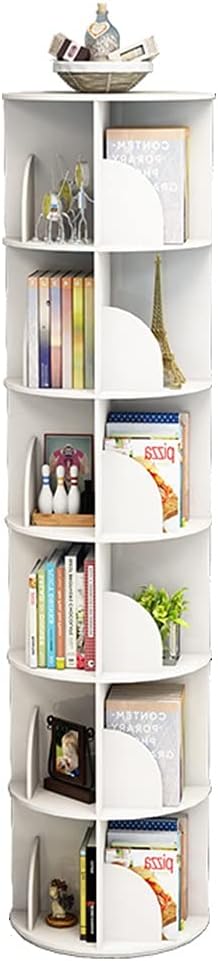 1-6 Tier White 360° Rotating Bookshelf Corner Bookcase Living Room Round Coffee Table Library on The Table Floor Shelf (Color : White, Size : 6-Tier)
