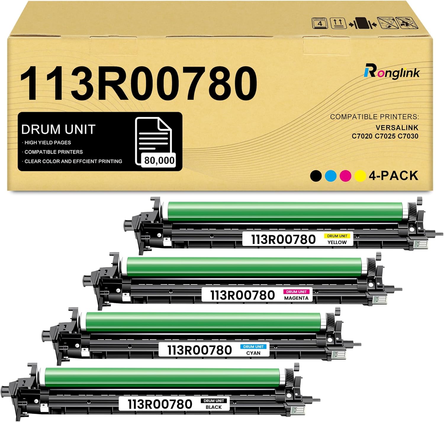 113R00780 Drum Unit Set Replacement for Xerox VersaLink C7030 C7025 C7020 Drum Cartridge Works with VersaLink C7020 C7025 C7030 Printer Imaging Unit (4-Pack, Black Cyan Magenta Yellow)