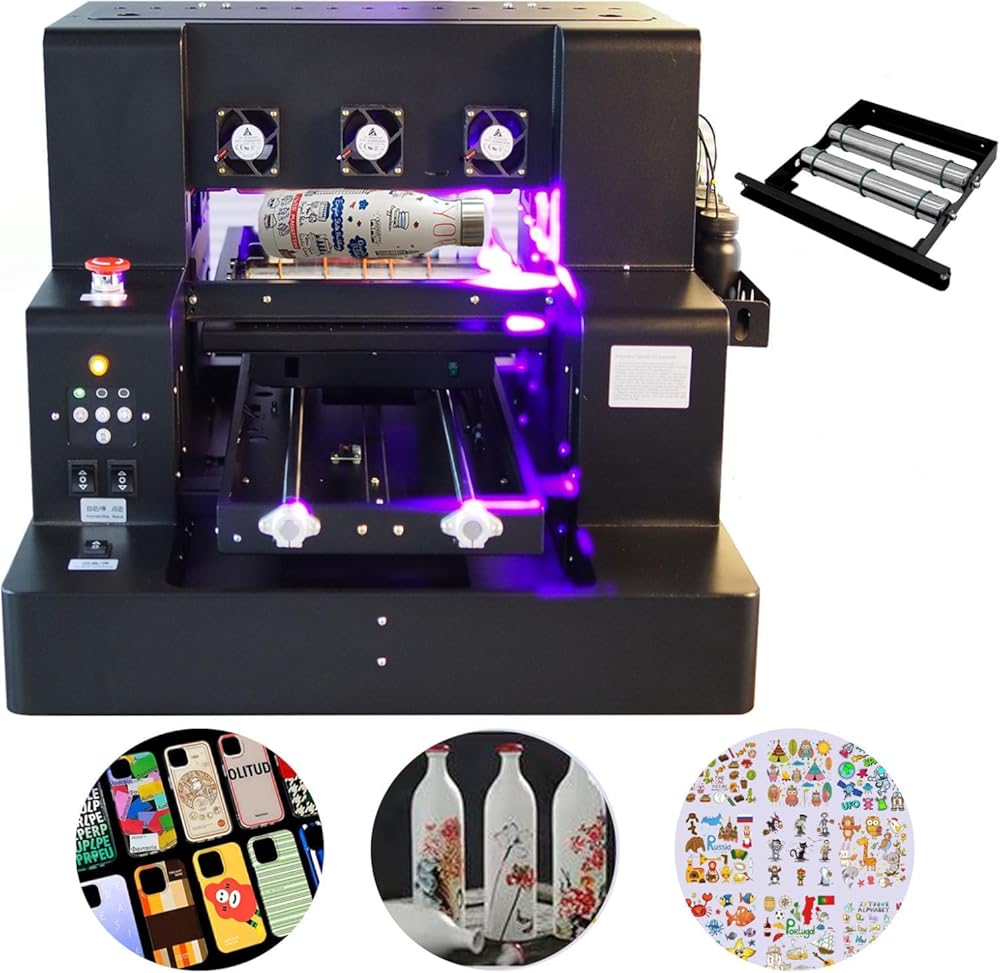 UV Flatbed Printer, A3 XP600 UV Printer, Higher Resolution 5760 * 1440dpi,UV DTF Printer Machine with Bottle Holder for Phone Case Cups Stickers Wood Acrylic Leather ABS PVC
