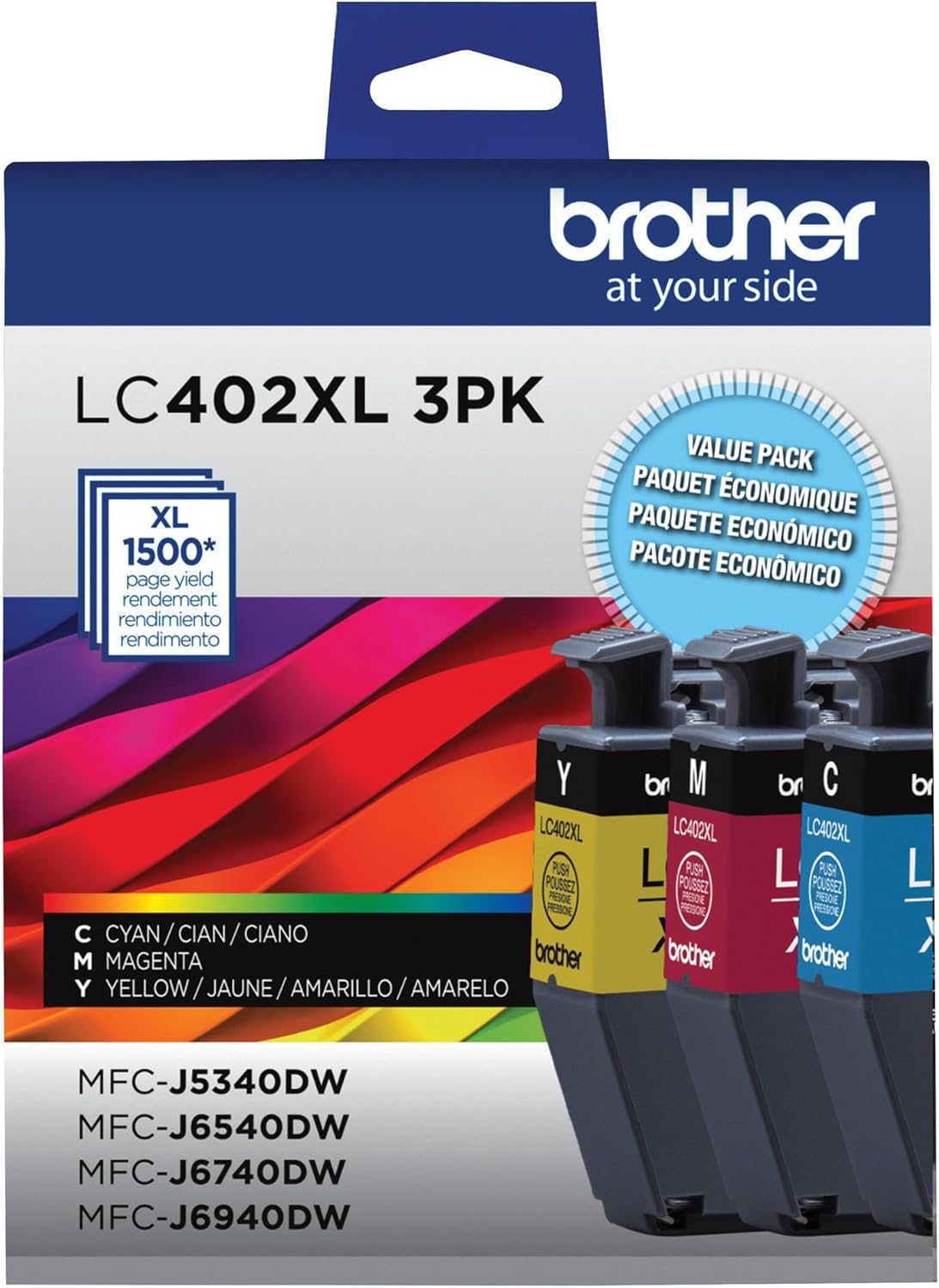 Brother Genuine LC402XL 3PK 3 Pack of High Yield Cyan, Magenta and Yellow Ink Cartridges, Black