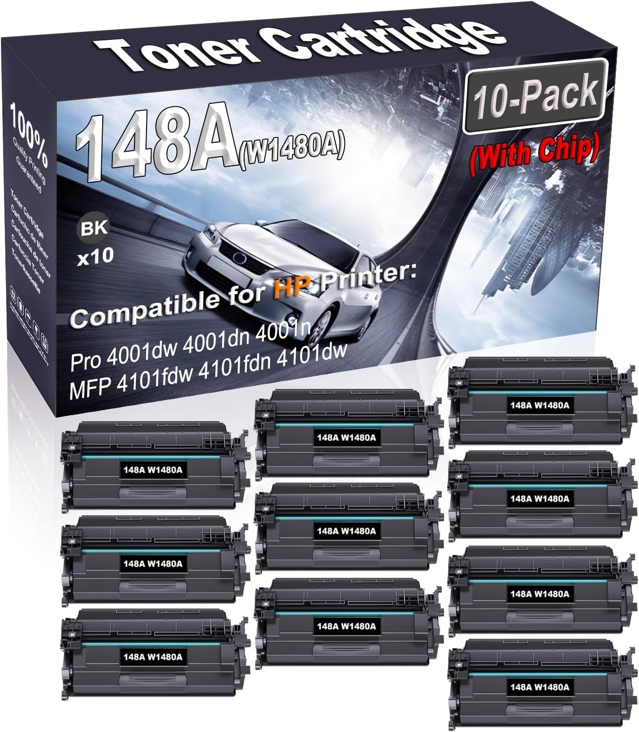 10-Pack (Black) Compatible High Yield 148A W1480A (with Chip) Printer Cartridge use for HP Pro 4001dw 4001dn 4001n MFP 4101fdw 4101fdn 4101dw Printer