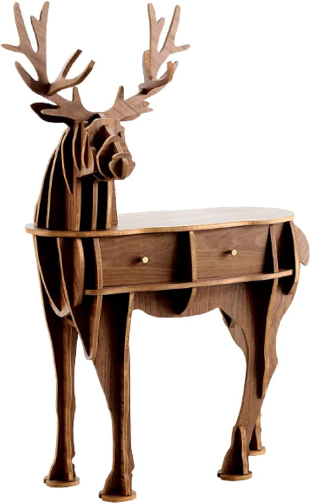 Animal Bookshelf W/ 2 Drawer Solid Wood Storage Rack Floor Standing Creative Elk Shaped Bookcase Corner Side Cabinet for Living Room