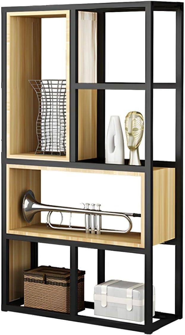 KWOKING Wood Industrial Cube Bookcase with Shelves & Open Back Iron Bookshelf Floor Steel & Wood Shelf Multi-Layer Shelf Storage Rack Office Partition Display Rack Natural 31.5