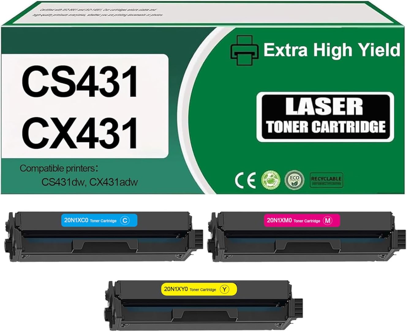 Eficazink 20N1X CS431 CX431 Extra High Yield Toner Cartridge 20N1XY0 20N1XC0 20N1XM0 Replacement for CS431dw, CX431adw Printers 20N1X 3-Color Combo Pack（CMY）