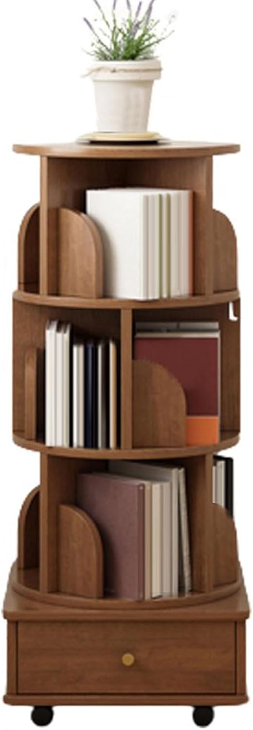 GAMAK Rotating Bookshelf 3-5 Tier Revolving Bookcase with Brake Wheels 360° Display Floor Standing Bookcase Storage Rack Wood Narrow Book Shelf Organizer (Color : Walnut, Size : Four)