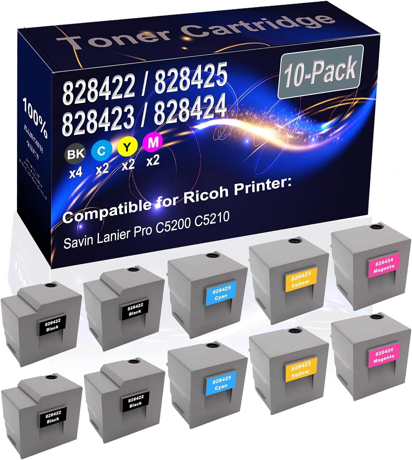 Kolasels 10-Pack (4BK+2C+2Y+2M) Compatible Savin Lanier Pro C5200 C5210 Laser Printer Toner Cartridge (High Capacity) Replacement for Ricoh 828422 828425 828423 828424 Printer Toner Cartridge