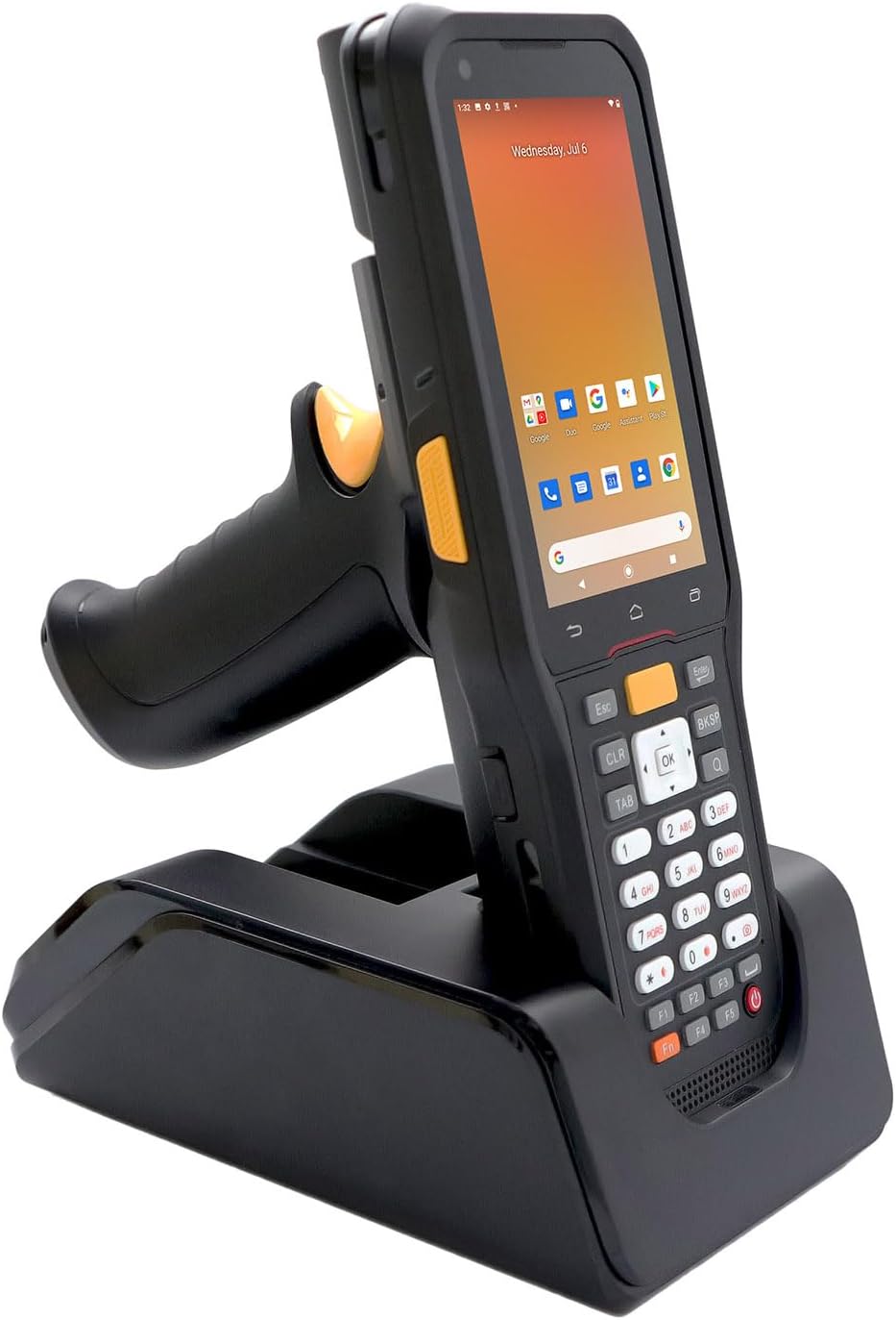 Barcode Scanner Android with Pistol Grip & Charge Dock, 2D Android 10 PDA with 2D SE4710 Scanner, Physical Keypad & Touch Panel, 4G+64G, IP67 Rugged Handheld Data Terminal for Inventory Warehouse