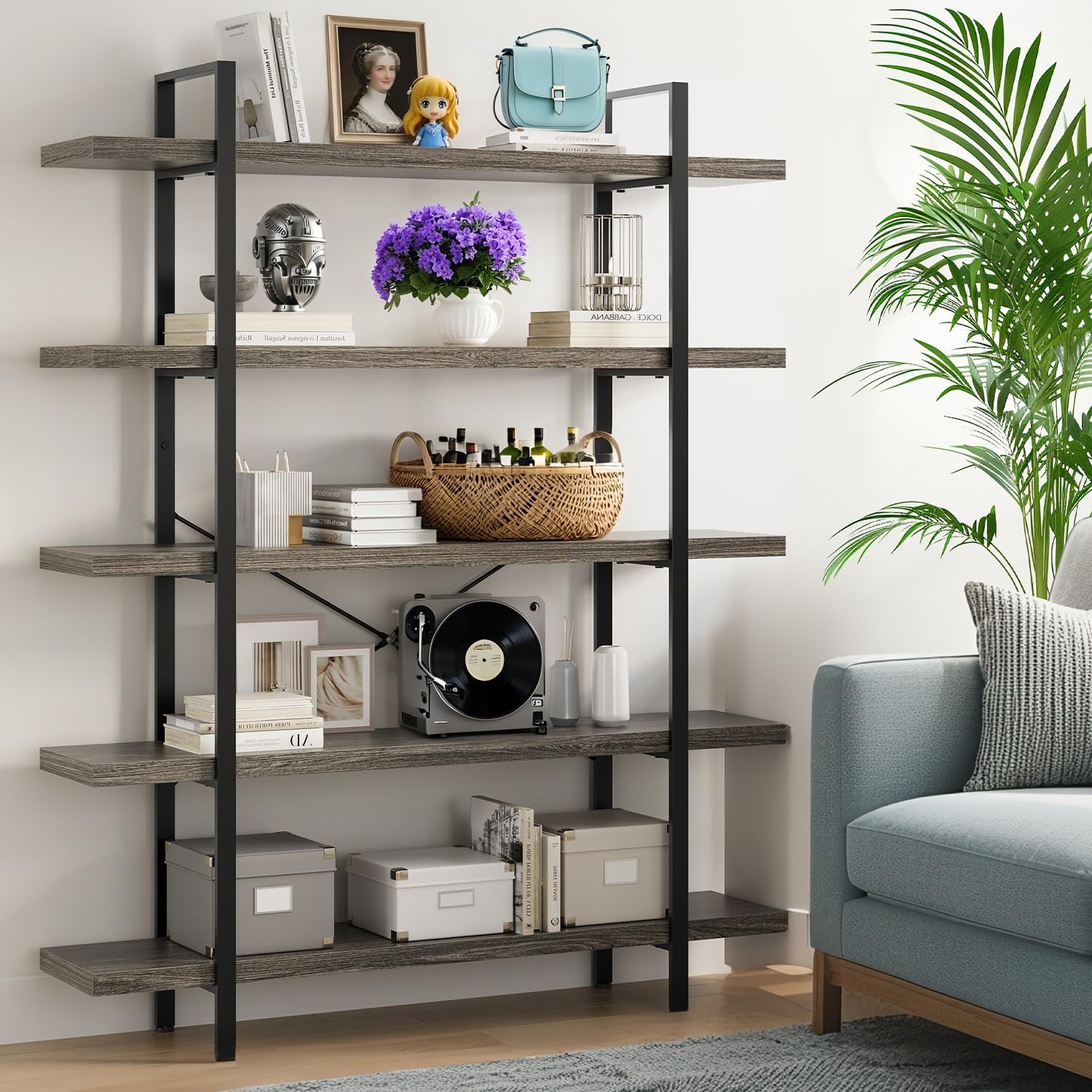 Bookcase, 47 Inch Wide Wood Bookshelf, 120lbs Shelf Capacity Estante, Rustic Open Shelving Industrial Display with Reinforced Horizontal Shelves for Living Room Bedroom Office (5 Tier - Grey)