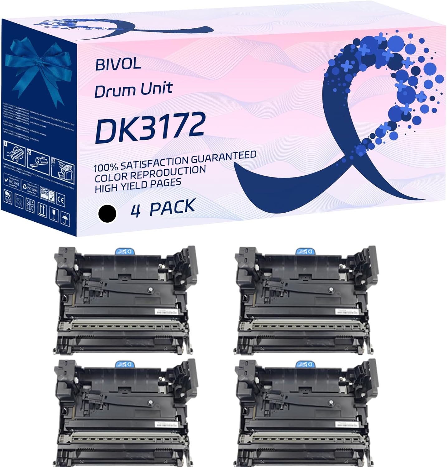 BIVOL DK3172 Drum Unit Compatible for Kyocera ECOSYS M3145idn M3645idn P3045dn P3145dn Printers, with Chip, High Yield 200000 Pages, Vivid Colors (4 Pack Black)