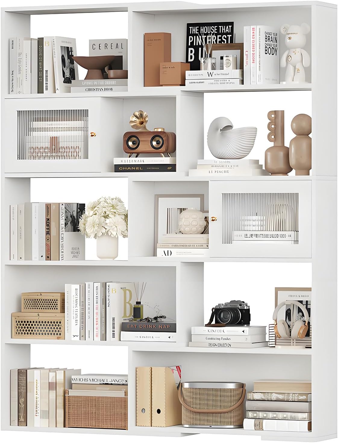 AKFJOSGE 2-in-1 Expandable Bookshelf, Adjustable Width Bookcase with Sliding Doors, Freestanding Corner or Standard Shelf Organizer, Tall Storage Display Unit for Living Room, Bedroom, Office