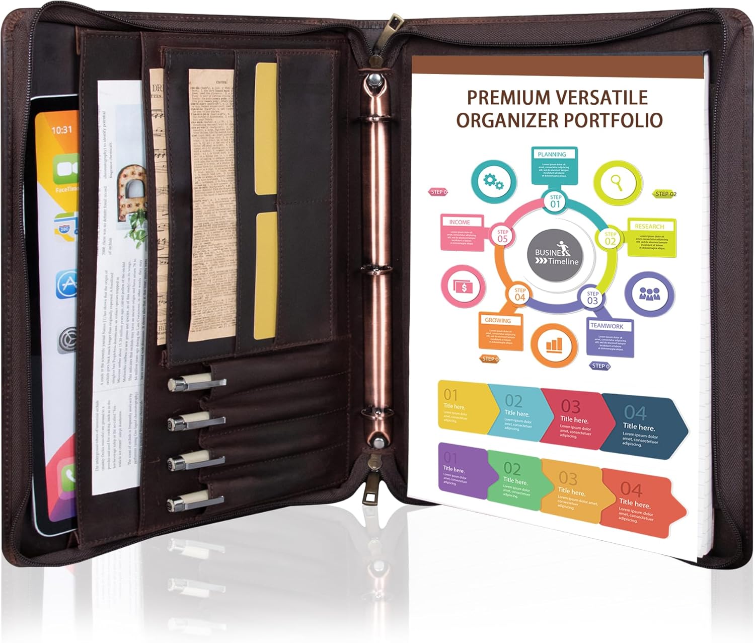 Handcrafted Crazy Horse Leather Portfolio Binder for Men-Professional Resume Organizer,3-Ring Padfolio Folder with Letter Size Notepad-Business Document Organizer,Excellent Gift-Dark Brown(Non custom)