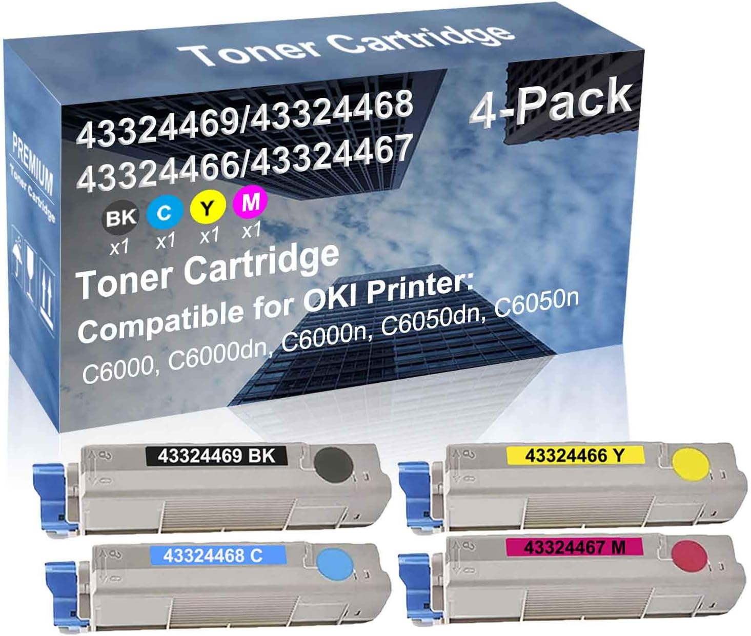 4-Pack (BK+C+Y+M) Compatible High Yield (43324469+ 43324468+ 43324466+ 43324467) Laser Printer Toner Cartridge Used for C6050dn, C6050n Printer