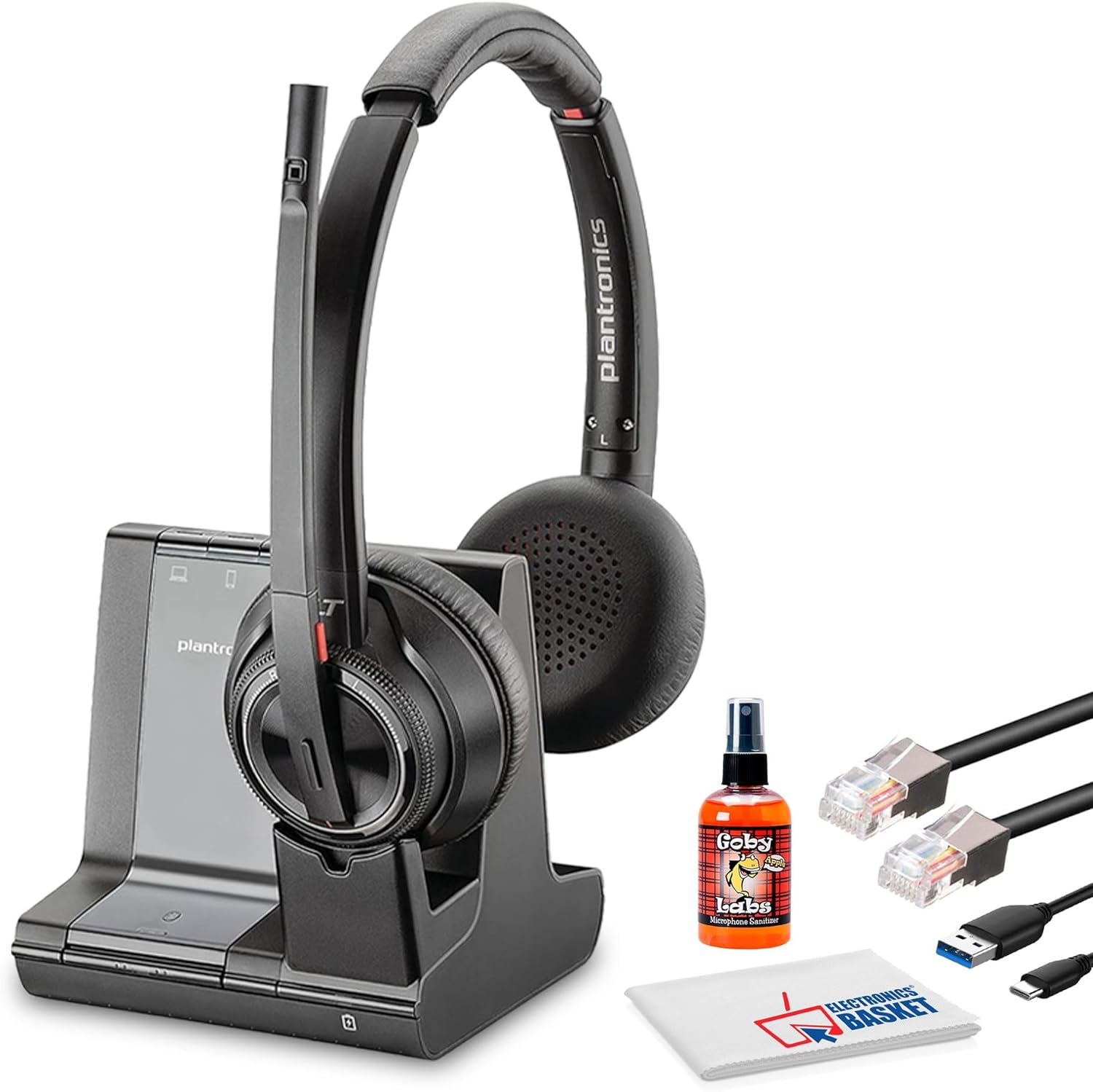 Poly Plantronics Savi 8220 UC Wireless DECT Headset System - Dual Ear - Teams Certified - Bluetooth Bundle Including: USB Type-A Cable, Base, RJ11 Cable, Goby Labs Headphone Cleaner, Fiber Cloth