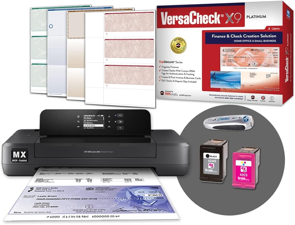VersaCheck HP Officejet 200 MXE Portable Wireless MICR Check Printer and VersaCheck X9 Platinum 5-User Check Printing Software Bundle