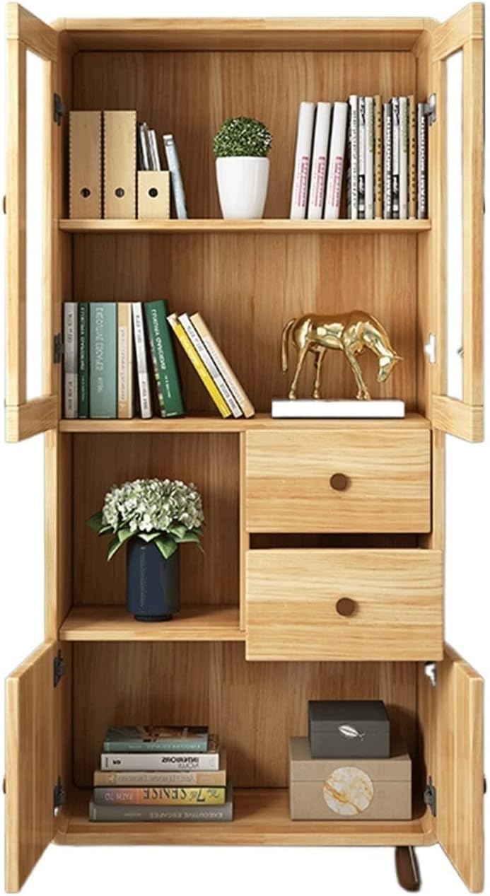 HIHELO Book Case Wood Bookcase with Glass Door Dustproof Bookcase Children's Bookcase Display Cabinet Office File Storage Cabinet Bookshelves (Color : 1)