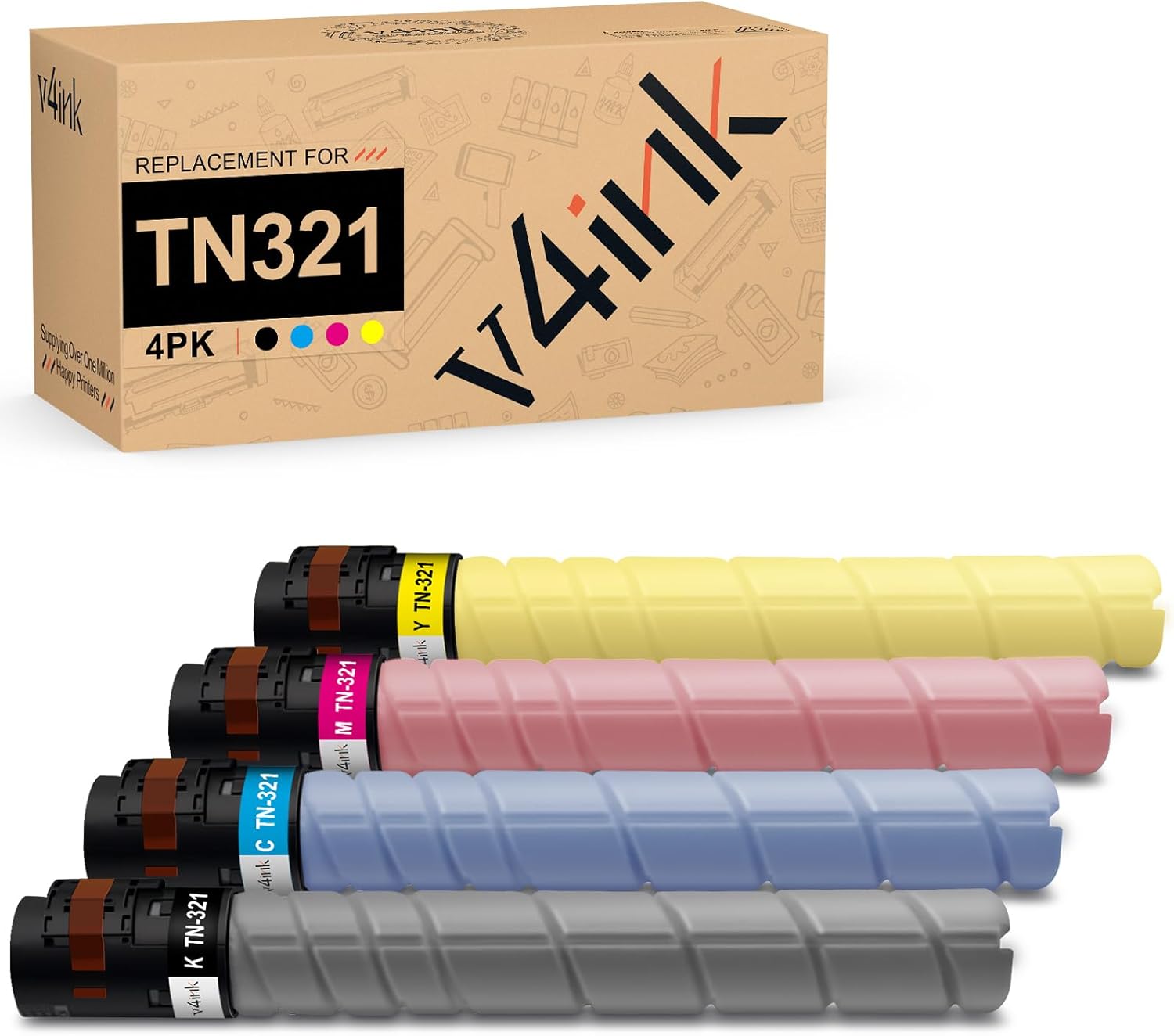 v4ink TN321 Toner Cartridge Replacement for Konica Minolta Bizhub TN321 TN-321 for Konica Minolta Bizhub C224e C364e C284e C224 C284 C364 C7822 C7828 Printer Ink (4-Pack, TN321K TN321C TN321M TN321Y)