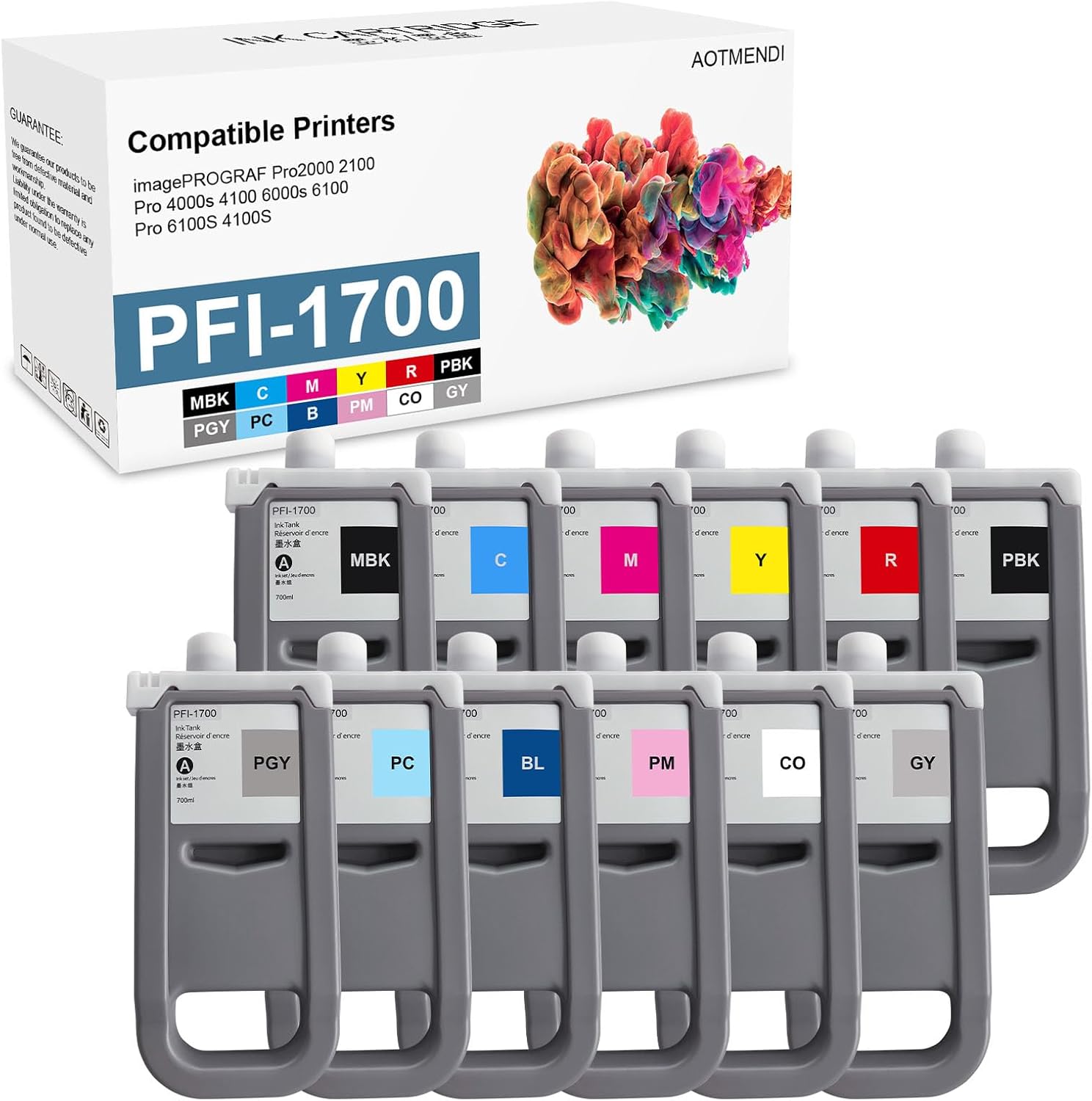 AOTMENDI PFI-1700 Pigment Ink Cartridge Replacement for Canon imagePROGRAF Pro2000 2100 Pro 4000s 4100 6000s 6100 6100S 4100S Printer, 12-Pack (MBK, PBK, C, M, Y, R, GY, B, PGY, PC, PM, CO)