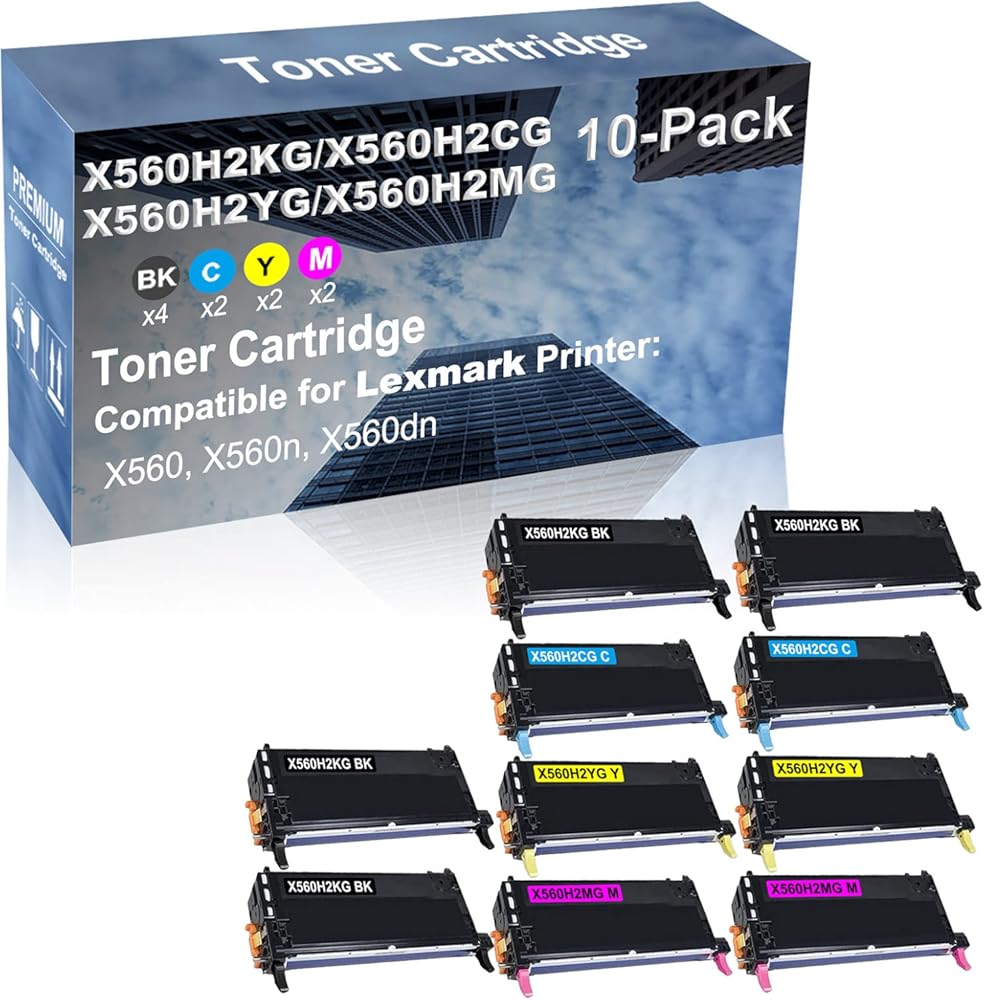 10-Pack (4BK+2C+2Y+2M) Compatible High Capacity X560H2KG+ X560H2CG+ X560H2YG+ X560H2MG Toner Cartridge Used for Lexmark X560, X560n, X560dn Printer