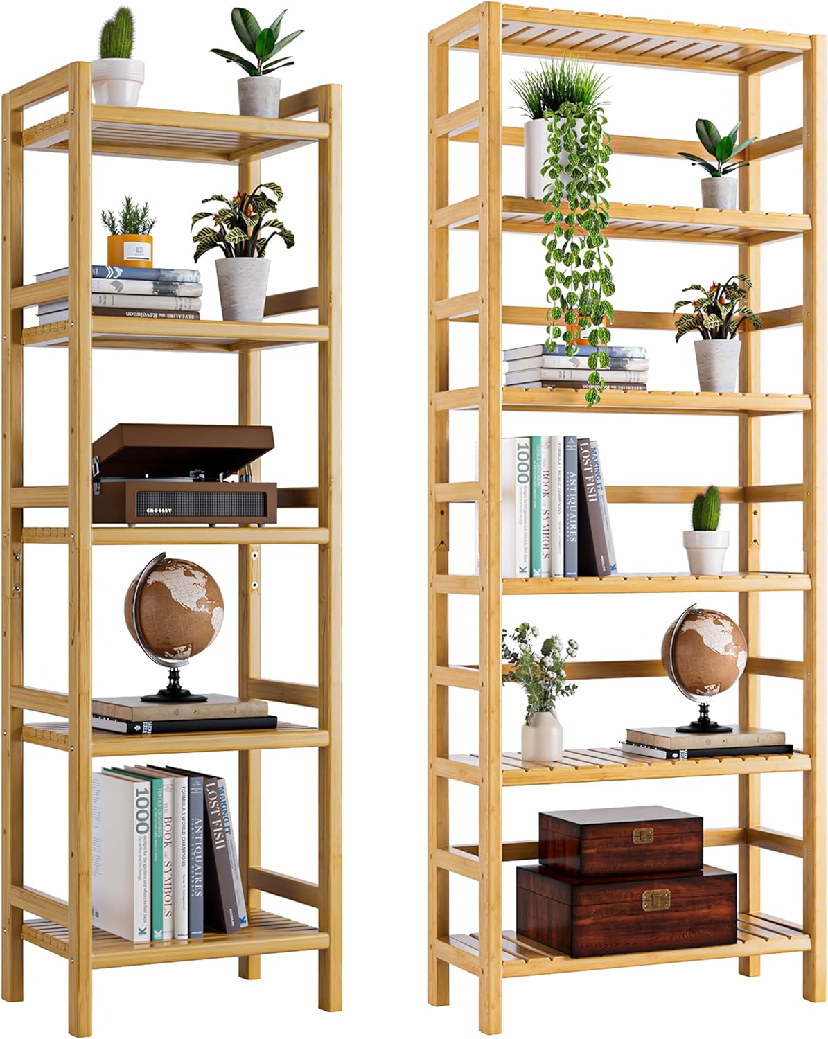 HITNET Bamboo Bookshelf, Adjustable Tall Bookcase Bathroom Storage Shelf Freestanding Display Plant Stand, Natural