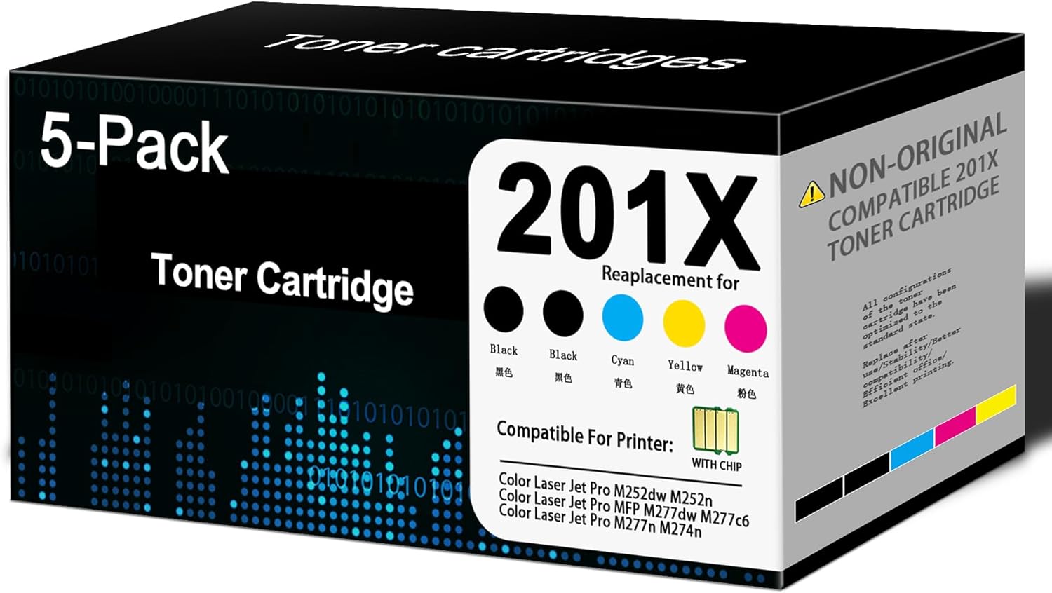 MANDBOY 201X Toner Cartridge 5 Pack Replacement for 201X CF400X 201A CF400A Work with Color Pro MFP m277dw M252dw M277n M277c6 M252n Toner Printers (2BK/1C/1Y/1M, with Chip)