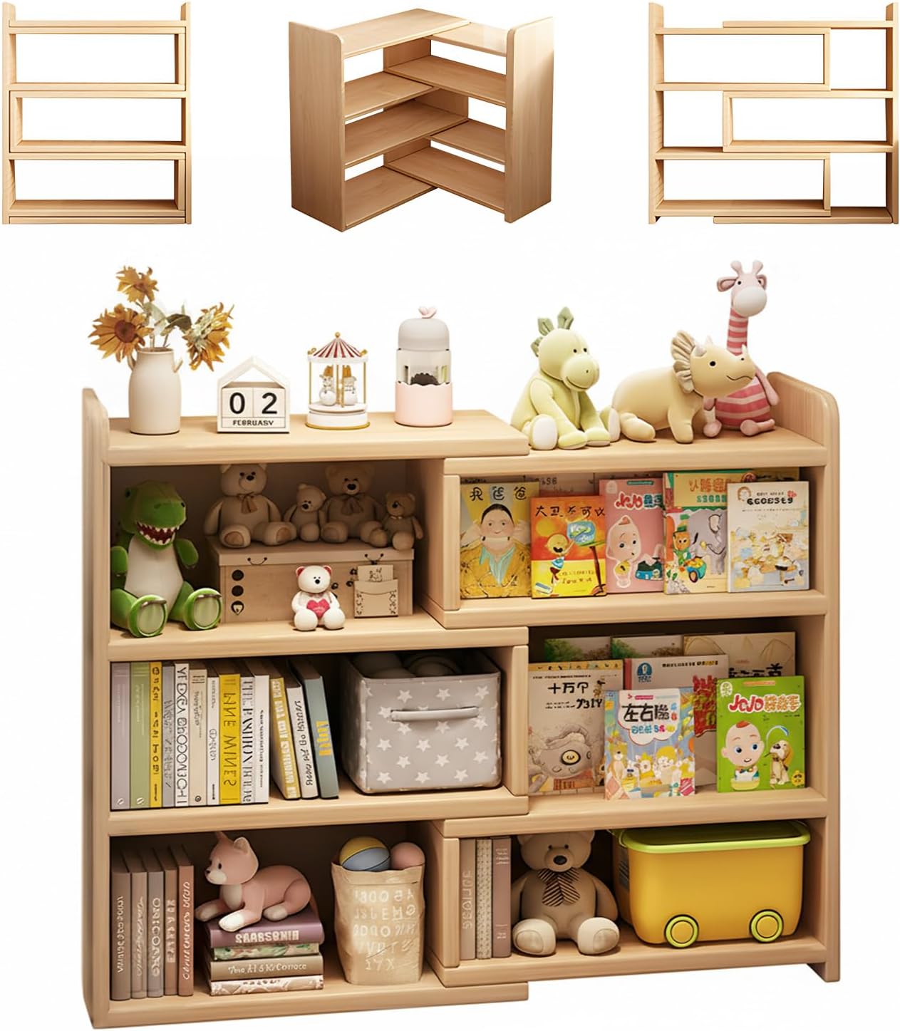 WOOOFA Wooden Expandable Bookshelf, Low Space-Saving Expanding Bookshelf, Adjustable Shape and Width for Corner, Horizontal Shelf, Extendable Bookcase for Living Room, Bedroom, Office