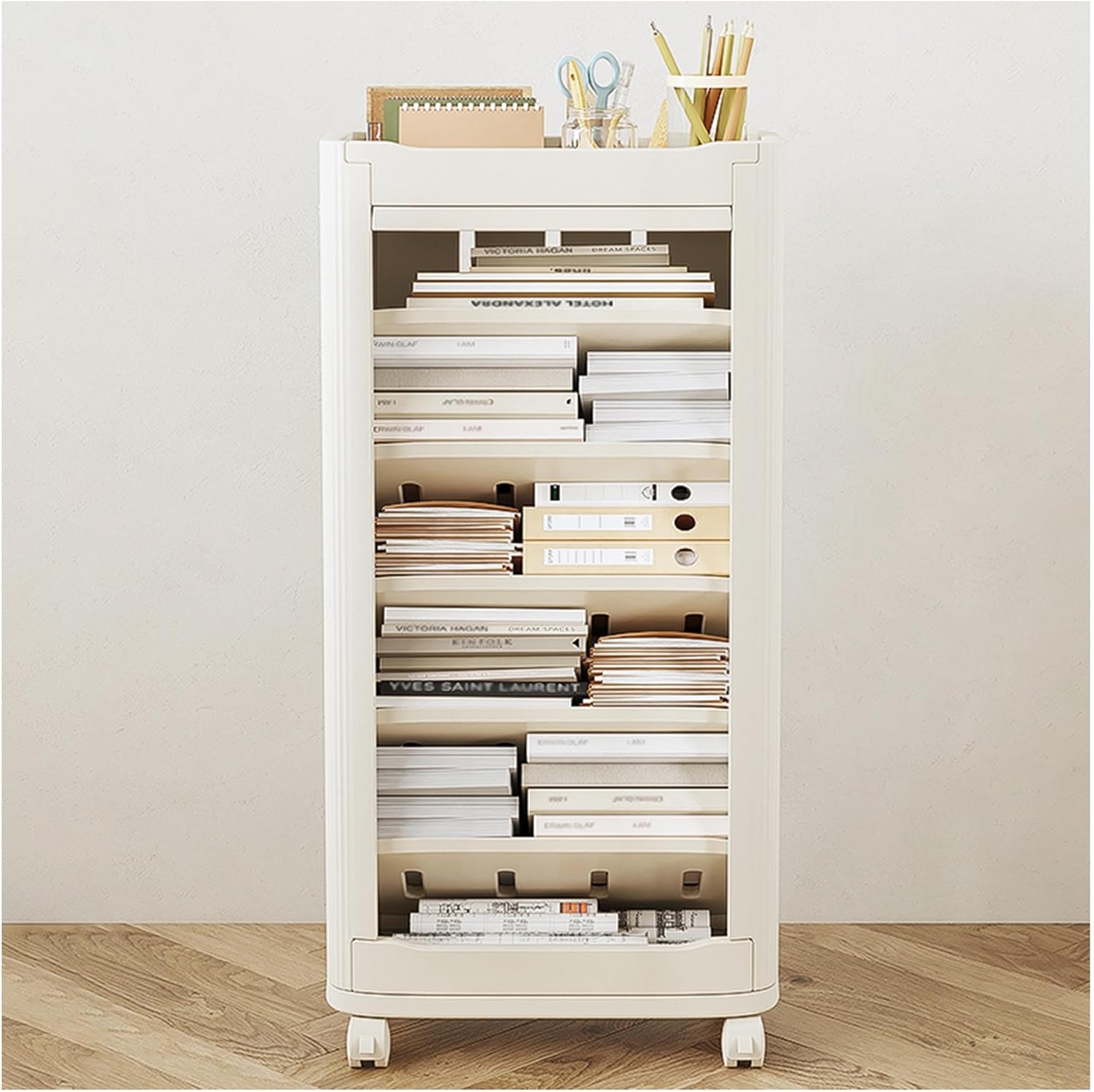 Mobile Bookcase with Wheels, 4-Layer Durable Plastic Storage Bookshelves, Open Rotating Bookshelf for, Students, Teachers and Adult