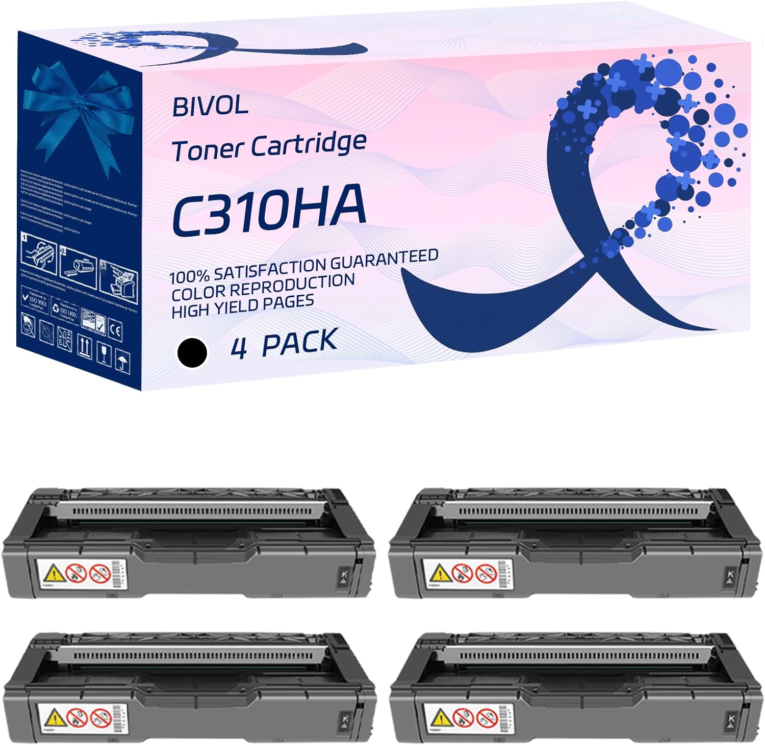 BIVOL C310HA Toner Cartridge Compatible for Ricoh Aficio SP C310 C310A C231SF C232SF C242SF C320DN Printers, with Chip, High Yield 6500 Pages, Vivid Colors (4 Pack Black)