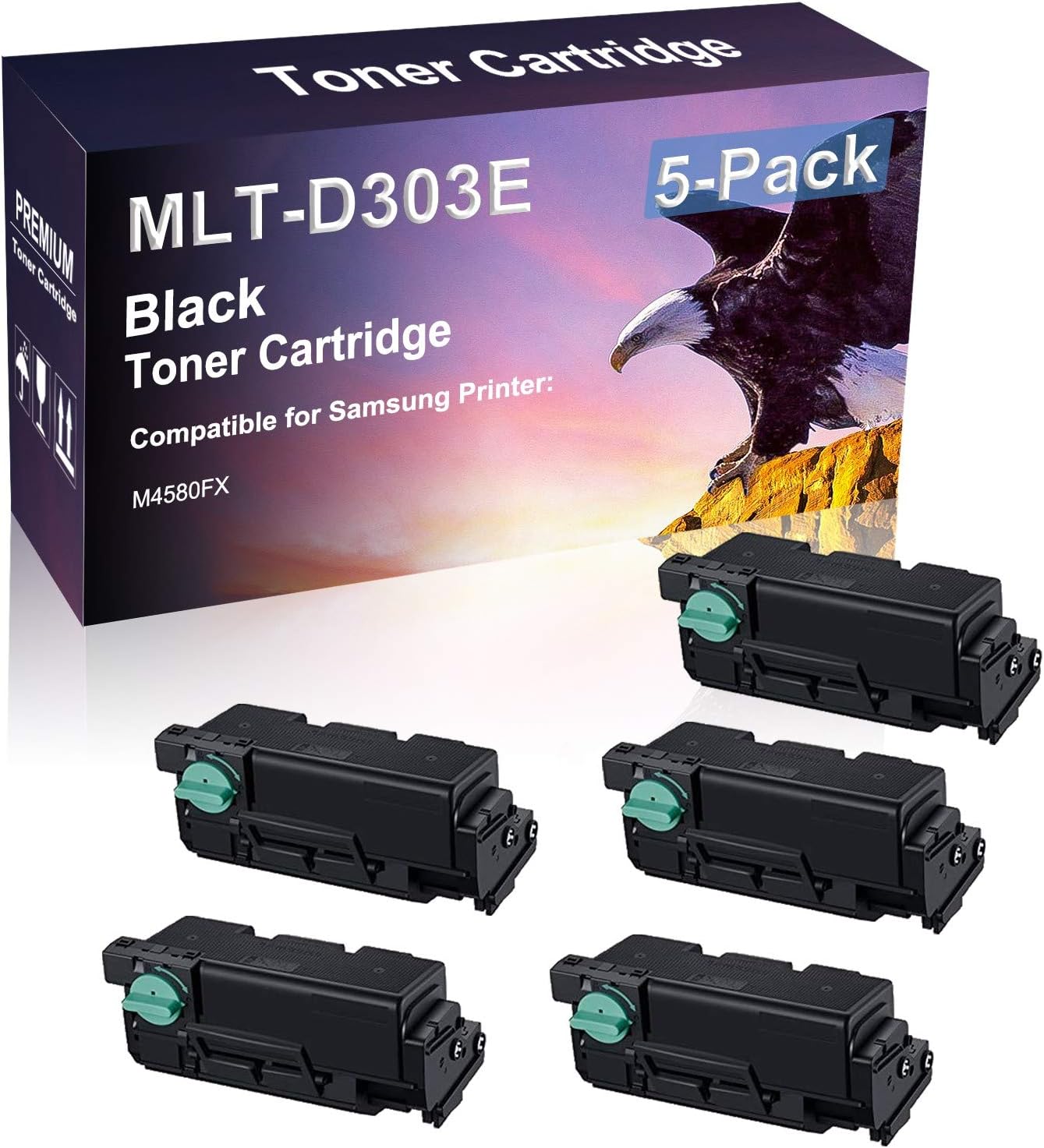 5 Pack (Black) Compatible Laser Printer Cartridge (High Yield) Replacement for Samsung D303E MLT-D303E Imaging Cartridge use for Samsung M4580FX Printer