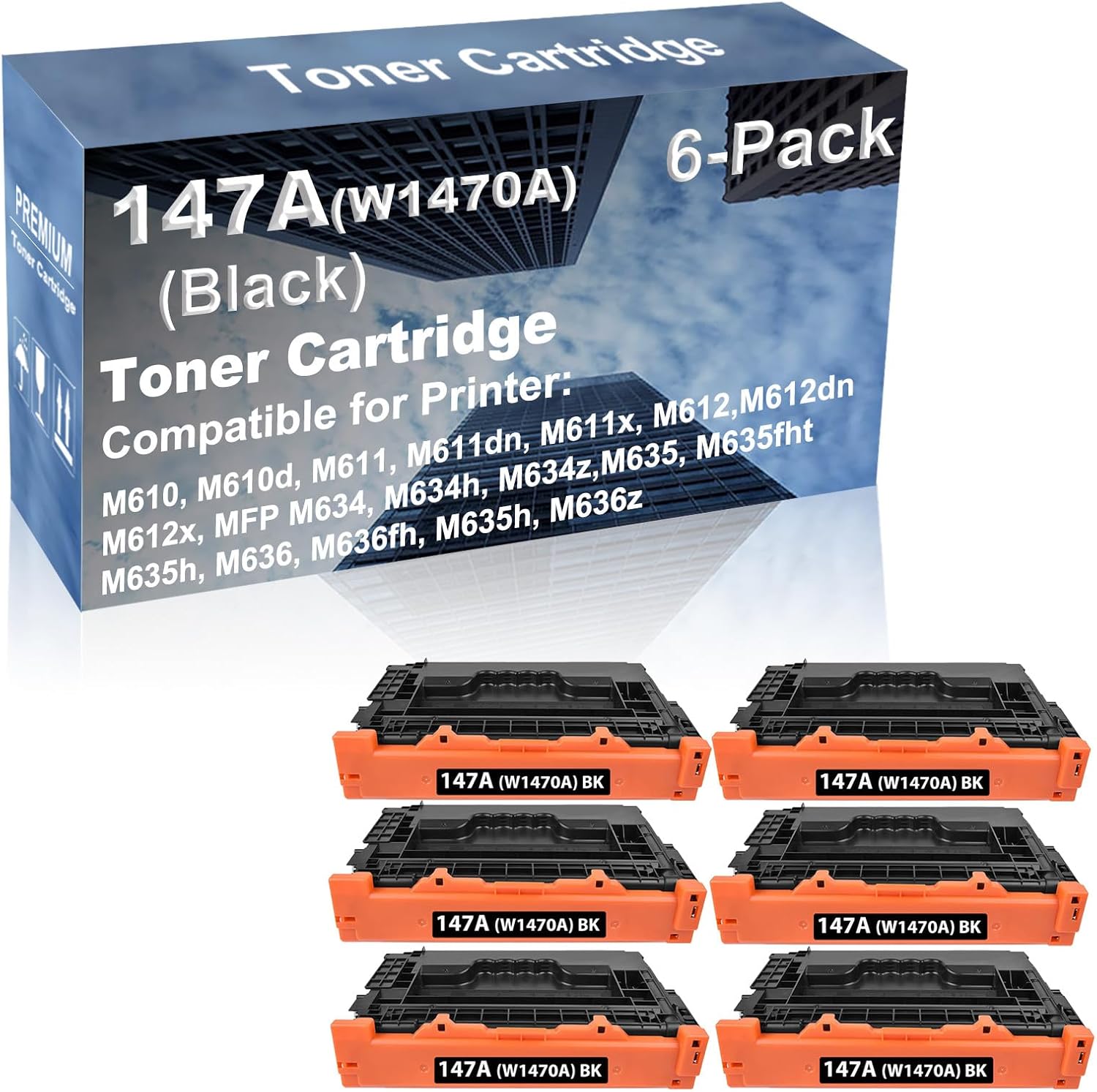 6-Pack Compatible High Capacity 147A (W1470A) Toner Cartridge use for M610, M610d, M611, M611dn, M611x, M612, M612dn, M612x Printer with Chip (Black)