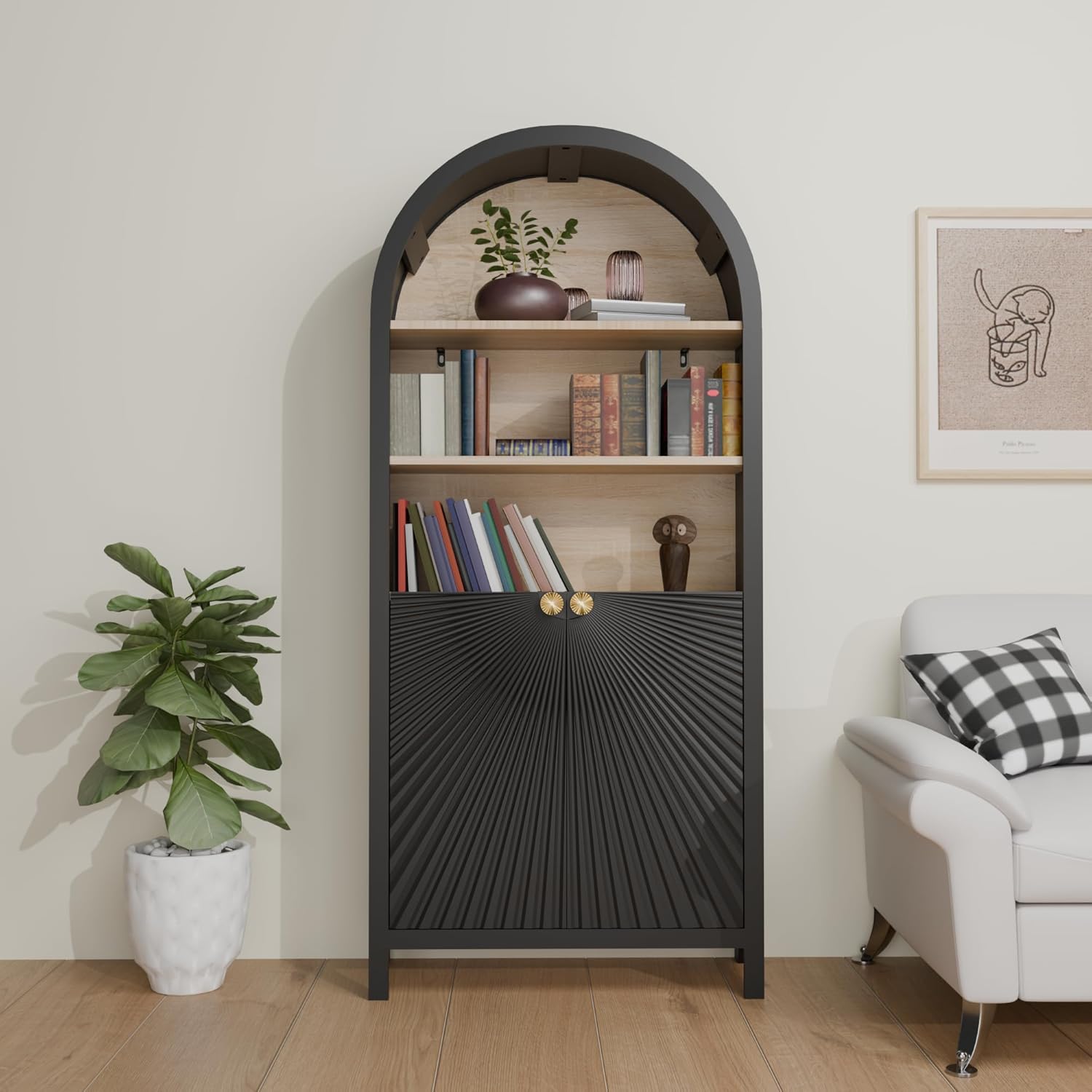 SmartEdge 5-Tier Arched Bookcase with Doors, Modern Black Arch Cabinet & Tall Bookshelf, Stylish Wood Display Shelves for Living Room or Bedroom, Elegant Black Arched Cabinet Storage