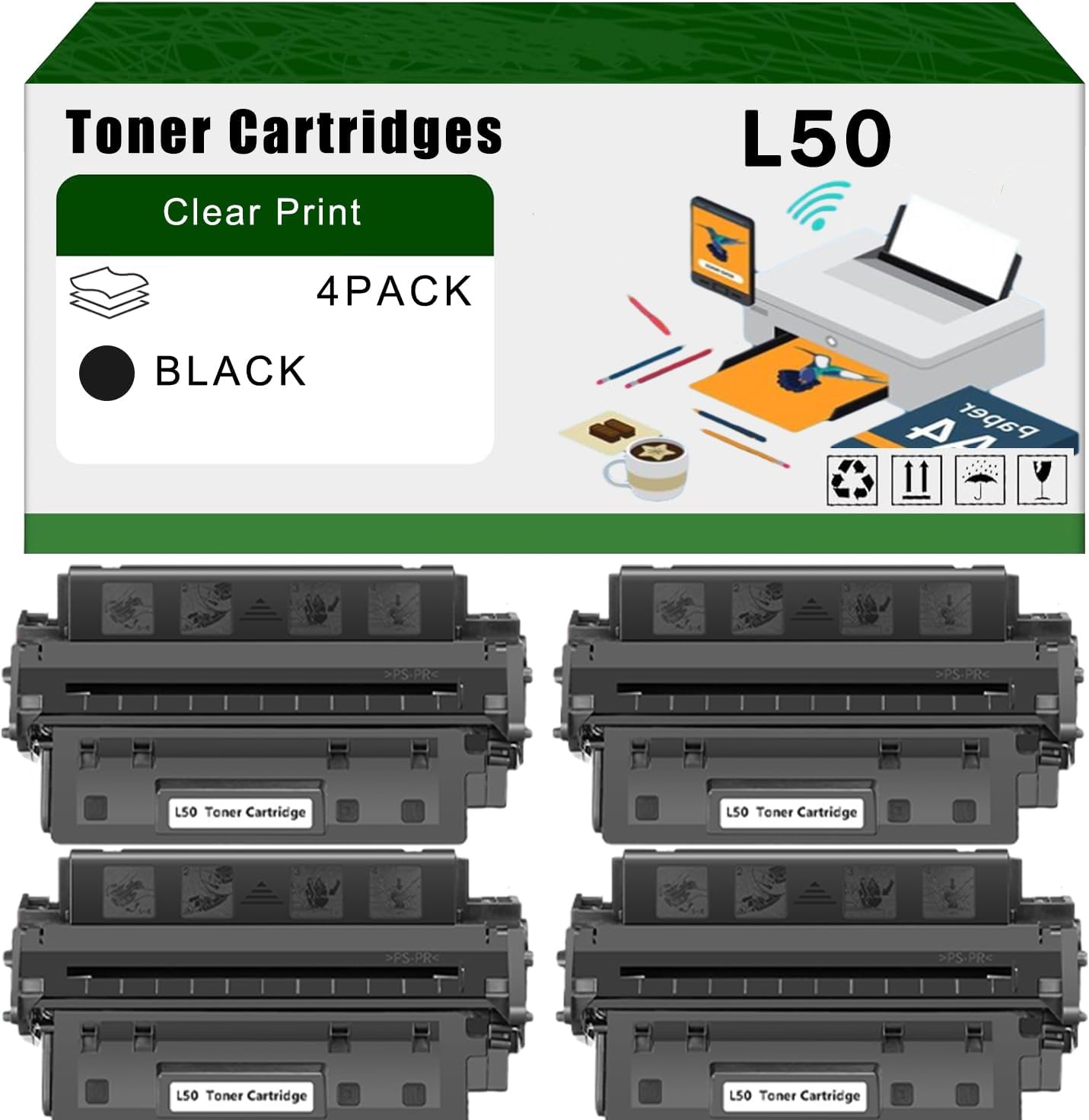 Compatible for Canon L50 Toner Cartridges PC Series Copiers PC-1060 PC-1061 PC-1080F Printers, High Yield 3500 Pages Bright Clear Colors (4 Pack Black)