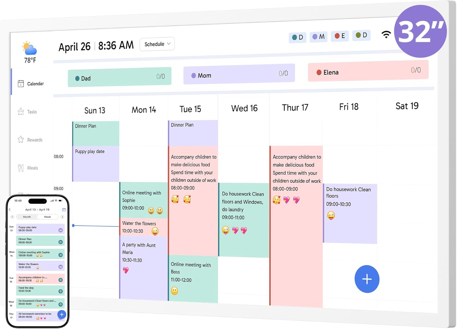 Digital Calendar 32 Inch Touch Screen, Electronic Wall & Desk Calendar Chore Chart for Monthly/Weekly Family Planner and Rewards, 1080P Interactive Display Smart Calendar for Home Organization - White