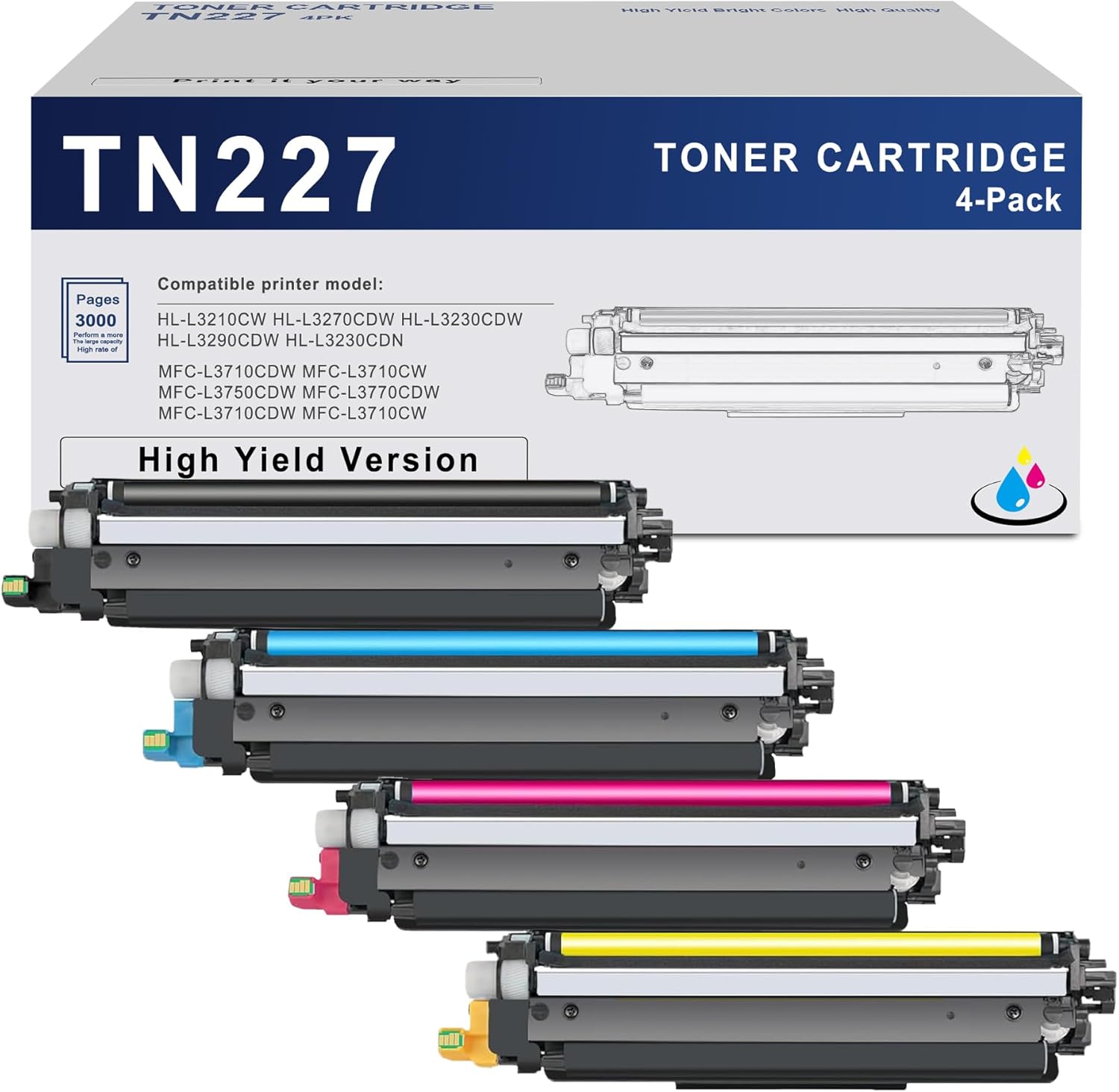 TN-227 TN227 High Yield Toner Cartridge 4 Pack TN227BK, TN227C, TN227M, TN227Y Replacement for Brother TN-227BK/C/M/Y for MFC-L3710CW MFC-L3770CDW Toner, TN2274PK