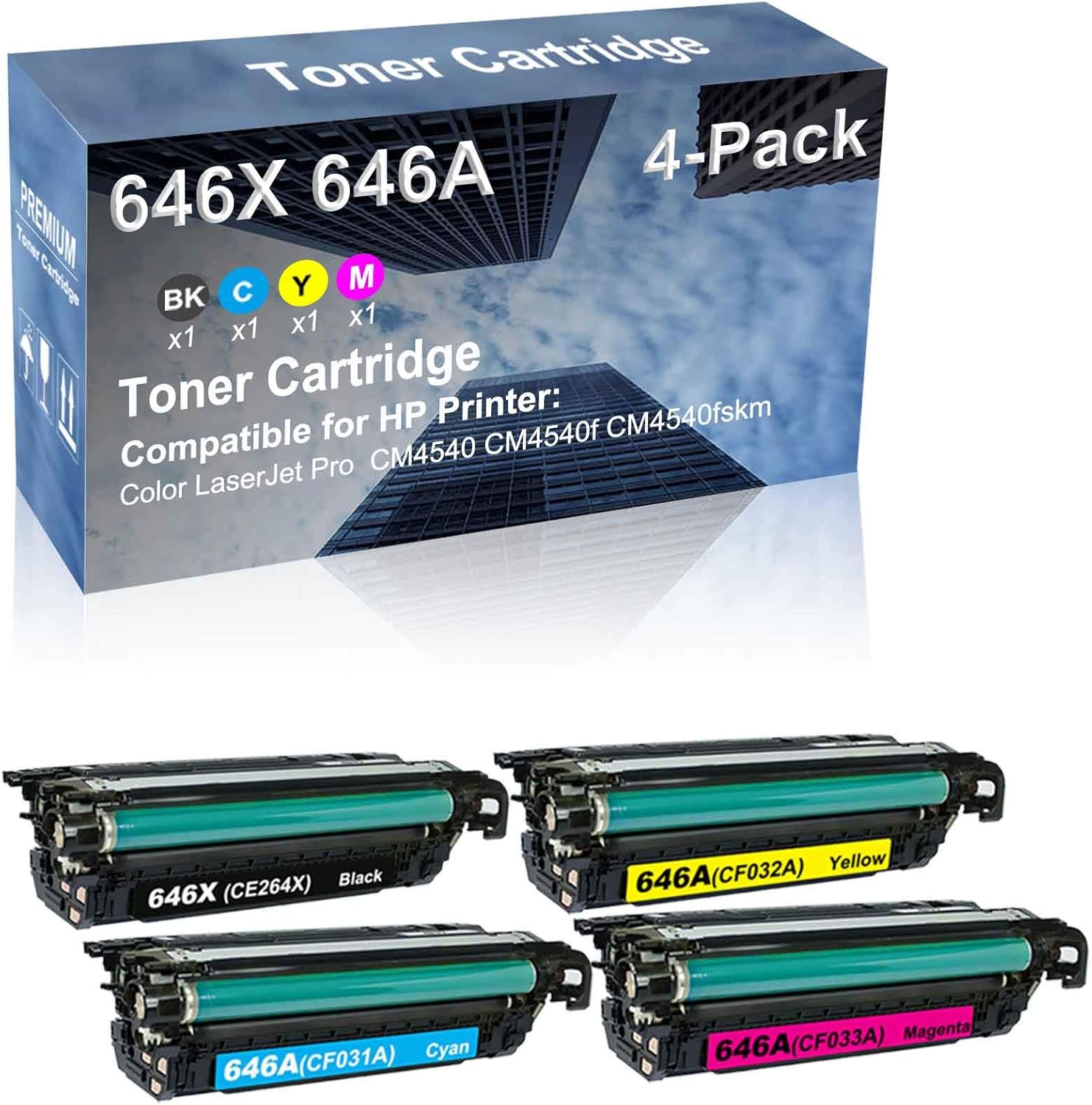4-Pack (BK+C+Y+M) Compatible High Capacity 646X 646A (CE264X+ CF031A+ CF032A+ CF033A) Toner Cartridge use for CM4540 CM4540f CM4540fskm Printer