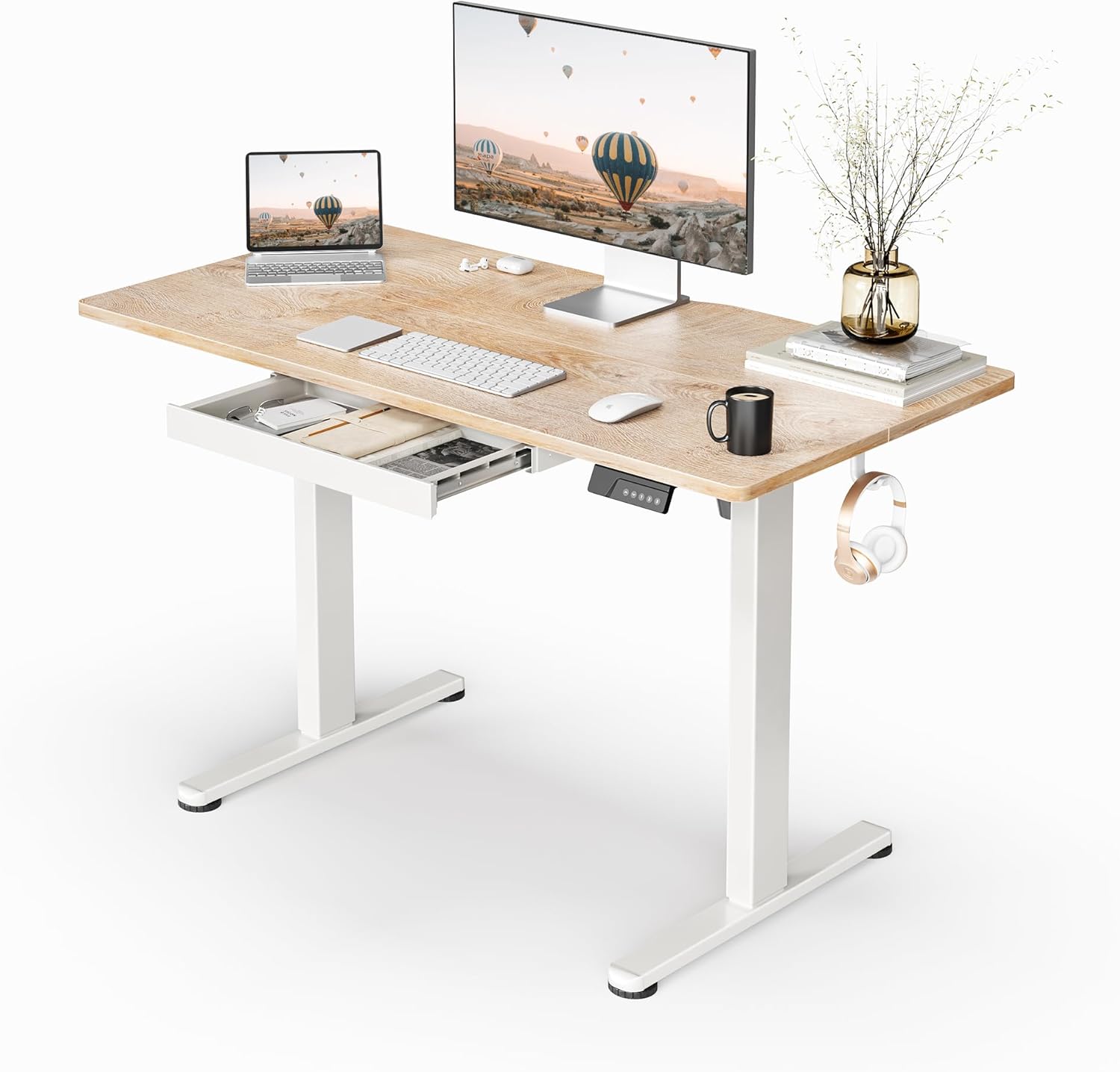 FEZIBO Electric Standing Desk with Drawers, 55 x 28 Inch Height Adjustable Desk with 3 Memory Presets, Sit Stand Up Desks for Home Office, Natural