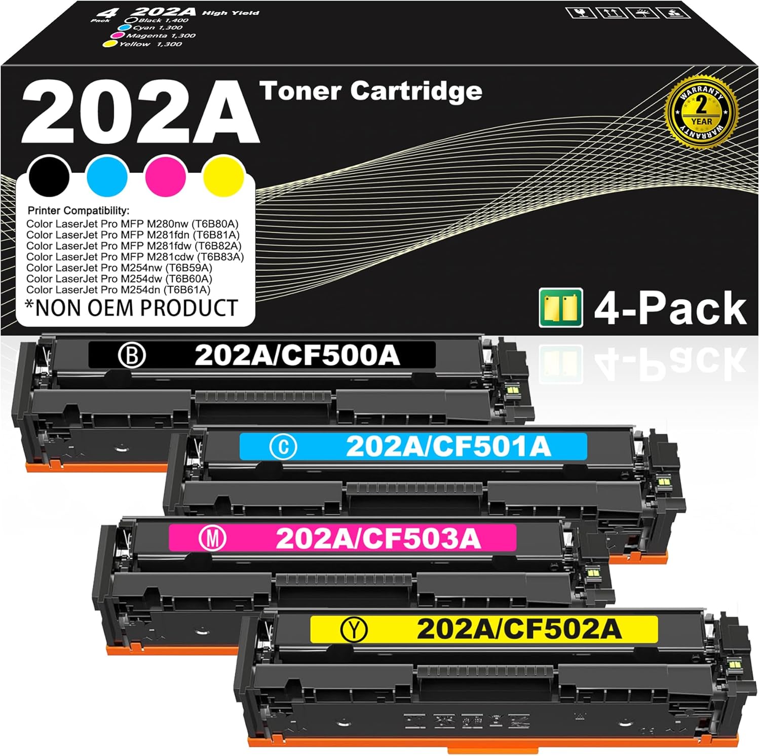 202A Toner Cartridge 4 Pack (with Chip) Replacement for HP 202A CF500A 202X CF500X Color Pro MFP M281fdw M281cdw M254dw M281fdn M254 M281 Printer (Black Cyan Yellow Magenta)