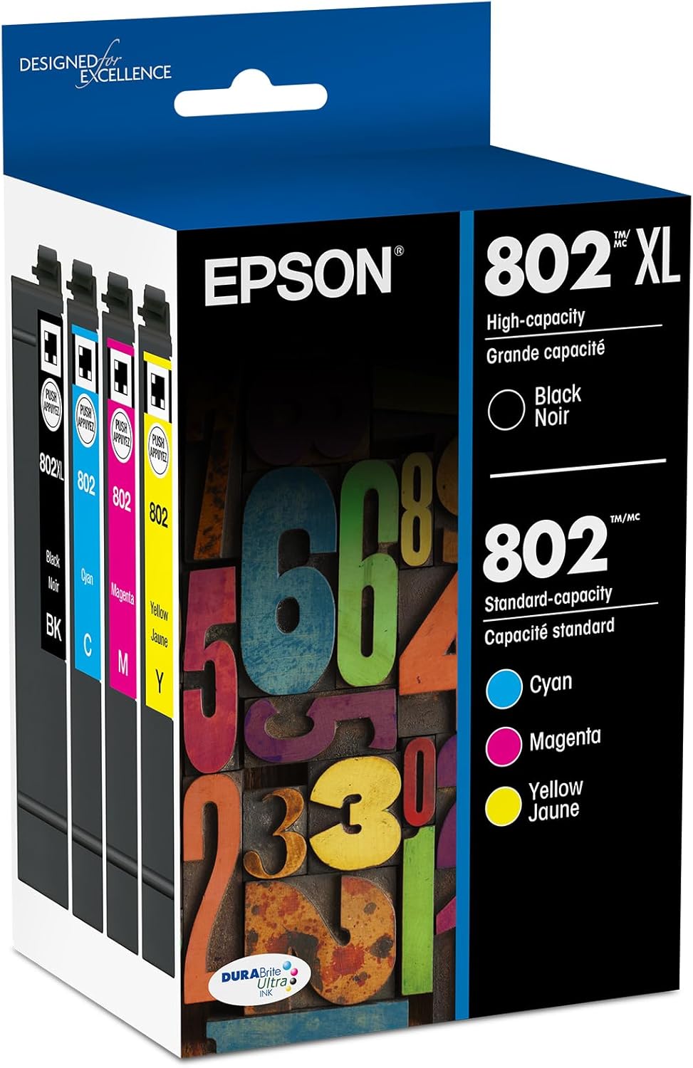 EPSON 802 DURABrite Ultra Ink High Capacity Black & Standard Color Cartridge Combo Pack (T802XL-BCS) Works with WorkForce Pro WF-4720, 4730, 4734, 4740
