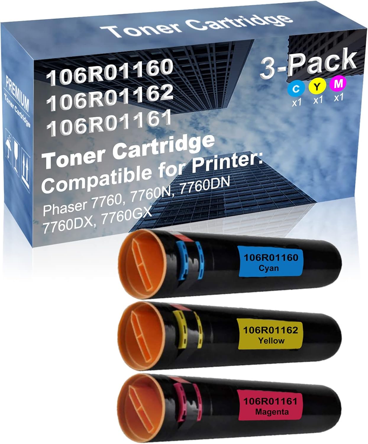 3-Pack (C+Y+M) Compatible 7760, 7760N, 7760DN, 7760DX, 7760GX Printer Toner Cartridge High Capacity Replacement for 106R01160+ 106R01162+ 106R01161 Toner Cartridge