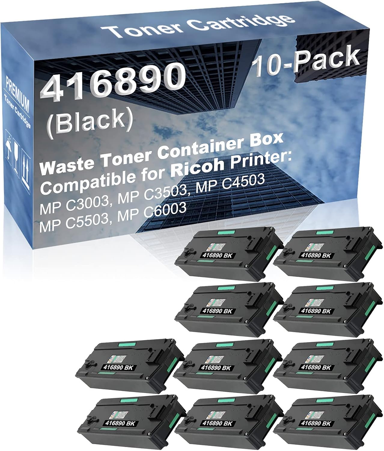 10-Pack Compatible High Capacity 416890 Printer Waste Toner Container Box use for Ricoh MP C3003, MP C3503, MP C4503, MP C5503, MP C6003 (Black)