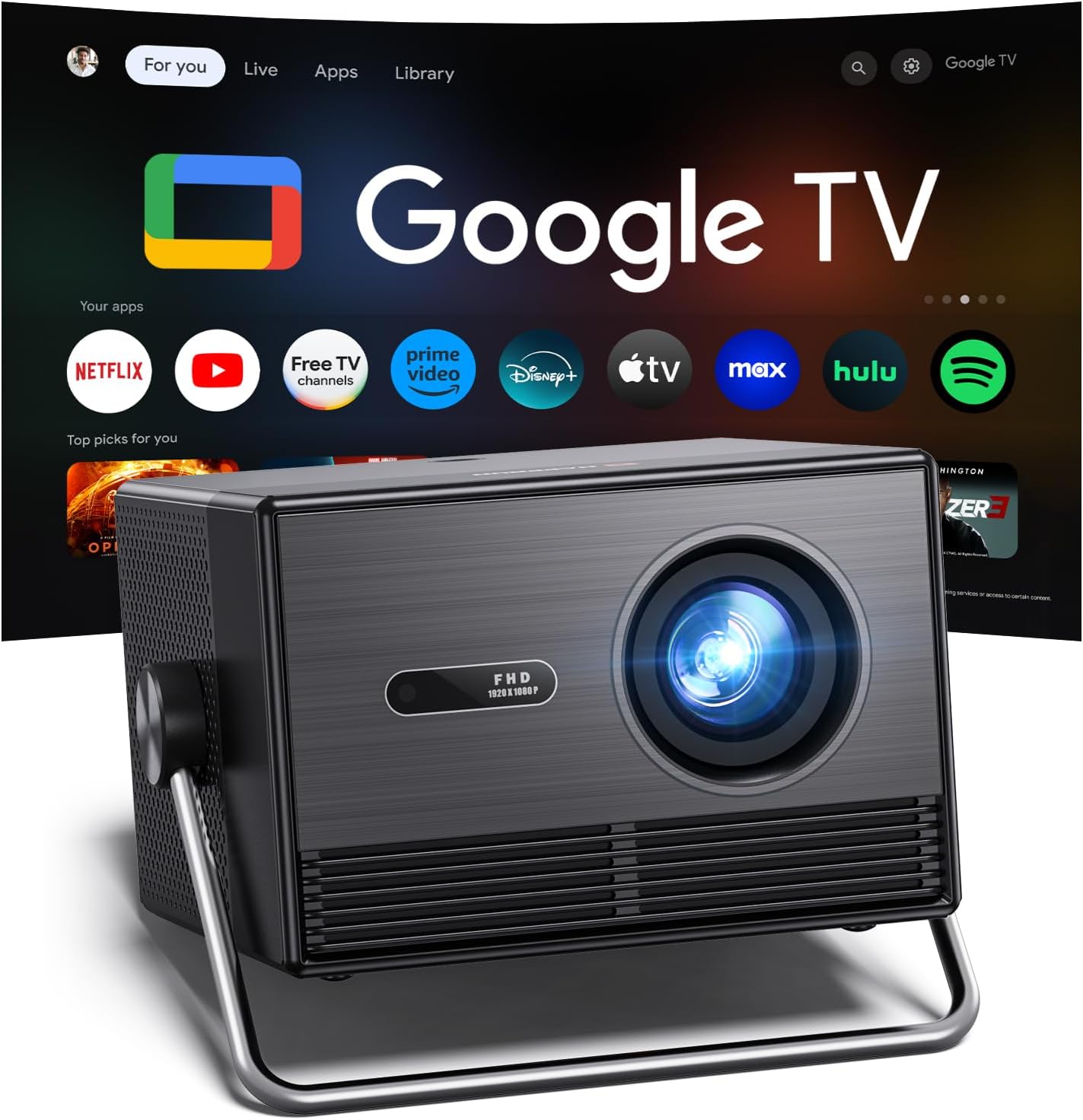 2000 ANSI Official Licensed Google TV Outdoor Projector 4K Full HD, Smart Projector with Wifi and Bluetooth, Auto Focus, Dolby Sound,Built-in Apps,HAPPRUN Indoor Home Theater for Phone/TV Stick/PC/PS5